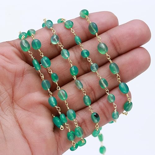 Miniatura 4 de RARE GEMSTONE Cadena de rosario de piedra preciosa de ónix verde natural, chapada en oro de 24 quilates, tamaño de la cadena de cuentas de 4 x 5 a