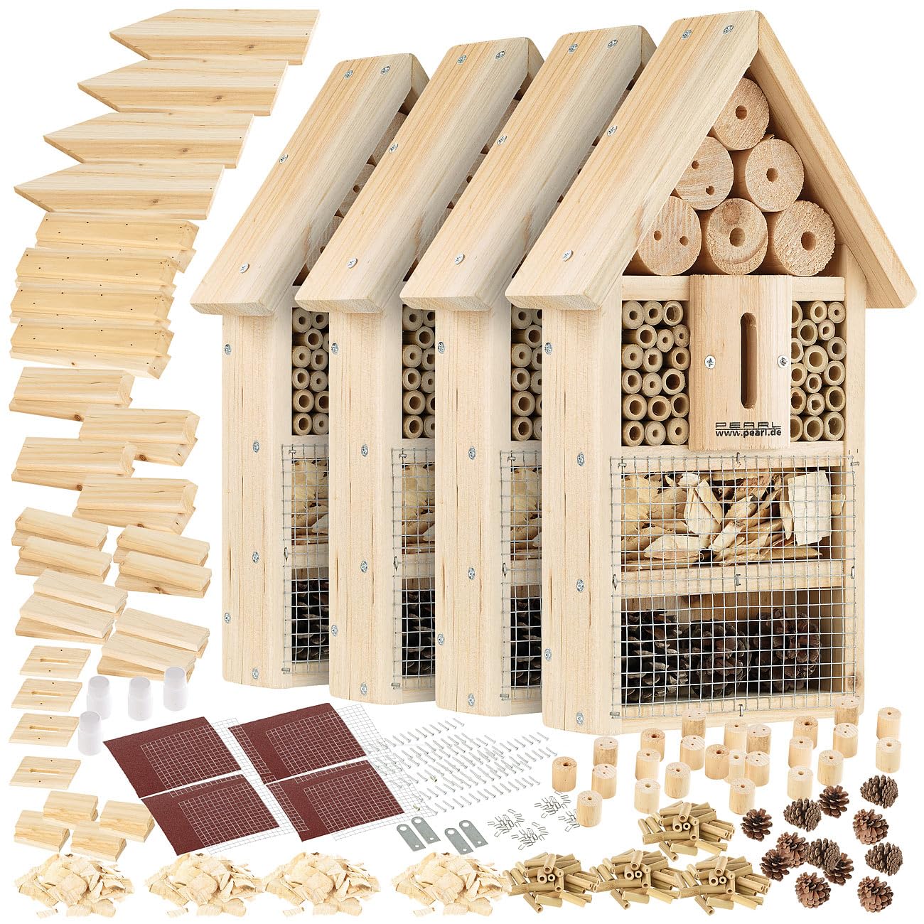 PEARL Bienenhotel: 4er-Set Insektenhotel-Bausätze, Nisthilfe und Schutz für Nützlinge (Wildbienenhotel, Bastelset Insektenhotel, Holz)