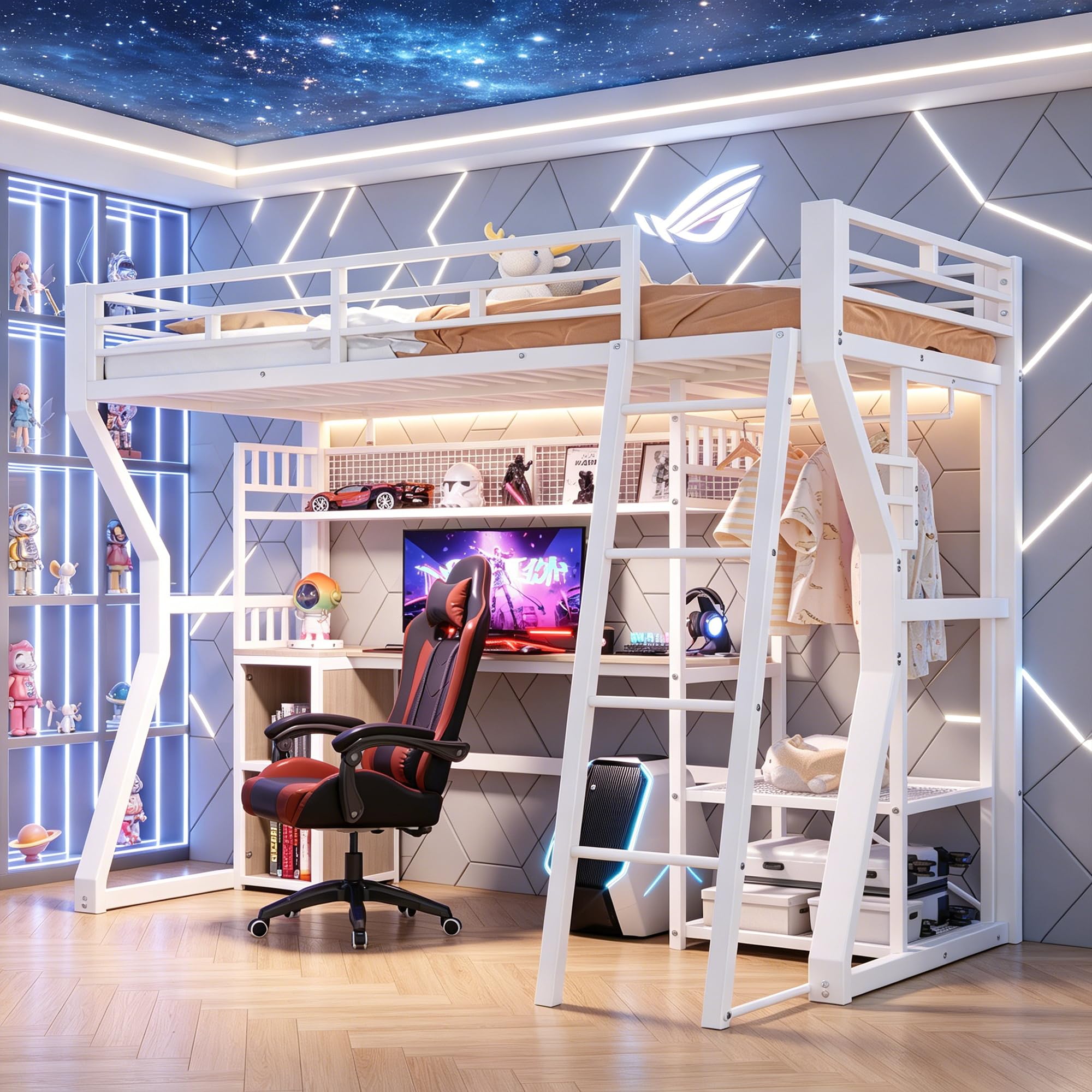 Lit Mezzanine Enfant 90x200cm avec Bande LED et Prise Électrique,Lit Superposé 1 Places en Métal avec Penderie,Bureau, Rangements,Étagères,Cadre de Lit Simple per Ado,sans Matelas,Blanc