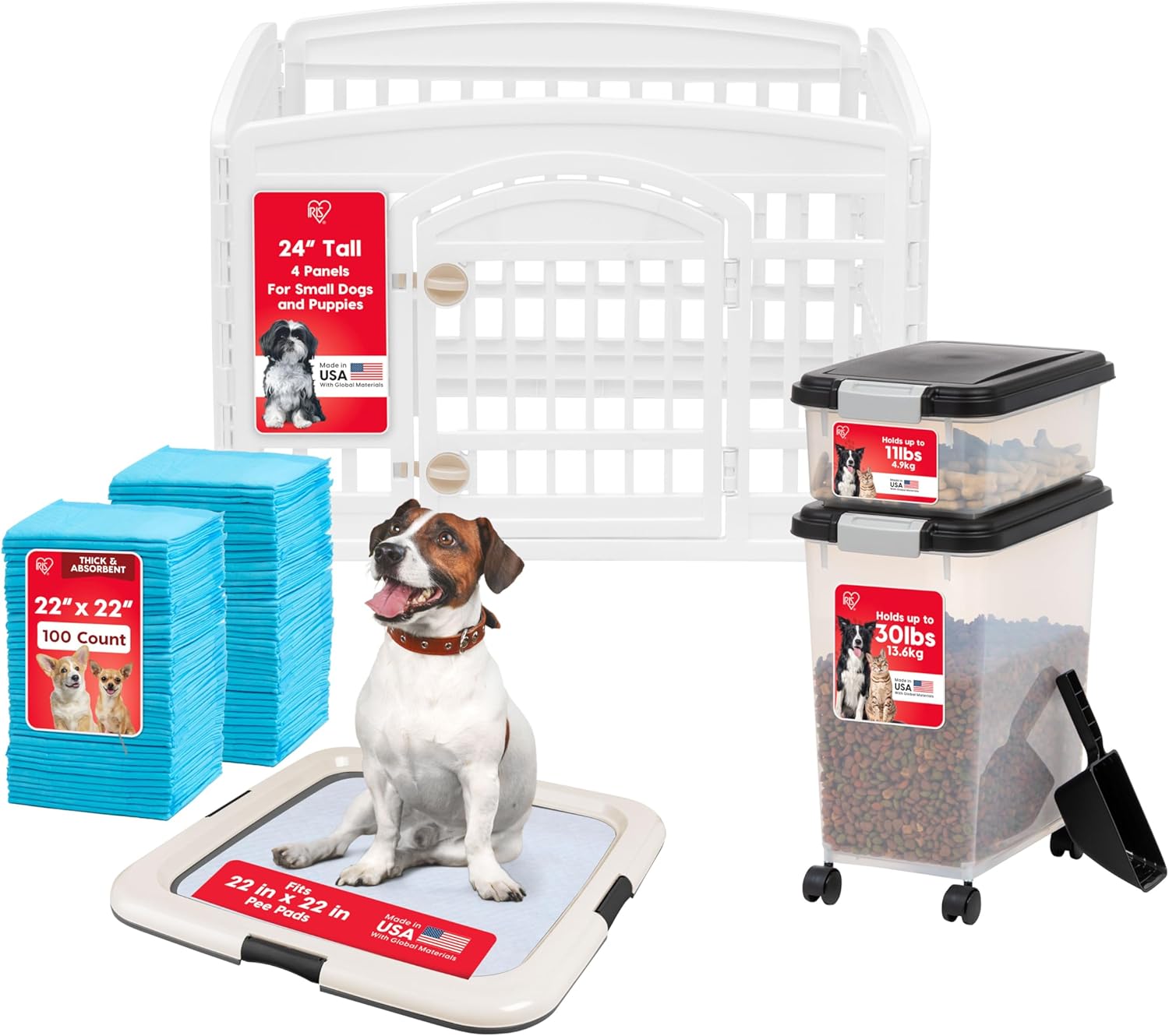 IRIS USA New Puppy Essentials Bundle - 24" Dog Playpen with Door, Pee Pad Holder Tray - Fits Pee Pads 22"x22" or Larger, Dog Food & Treats Storage Container - Up tp 30 & 11lbs, & Puppy Pee Pads