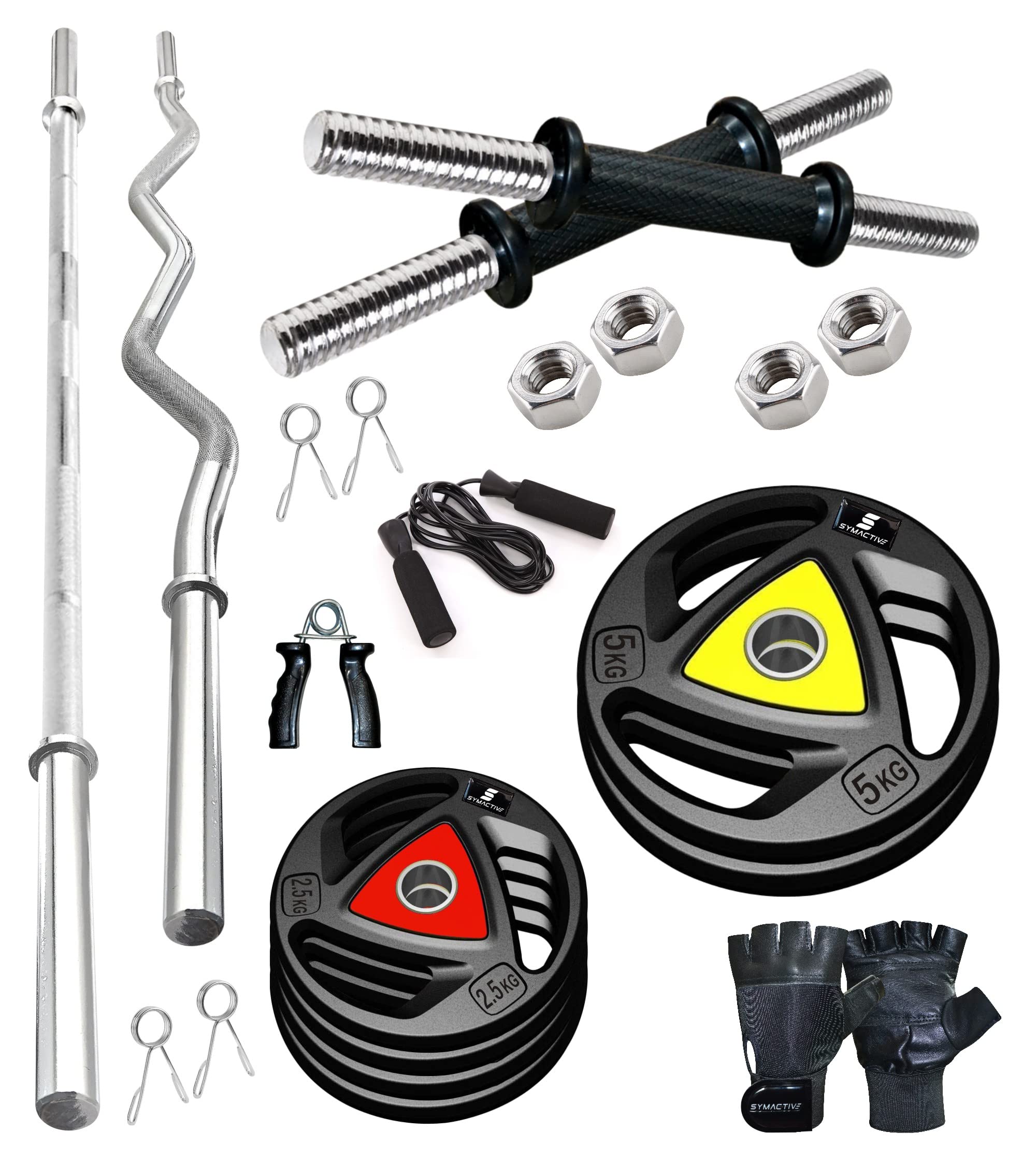 Amazon Brand - Symactive Professional Home Gym Set with Rubber-Coated Metal Plates, Rods, Gloves, Hand Grip & Skipping Rope, 20 kg, Combo 2