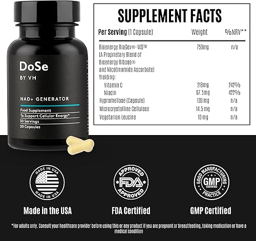 Miniatura 5 de DoSe by VH Generador NAD+ - Suplemento NAD con RiaGev-WS, vitamina B3 y vitamina C - Apoya los niveles de NAD+, energía celular, metabolismo y