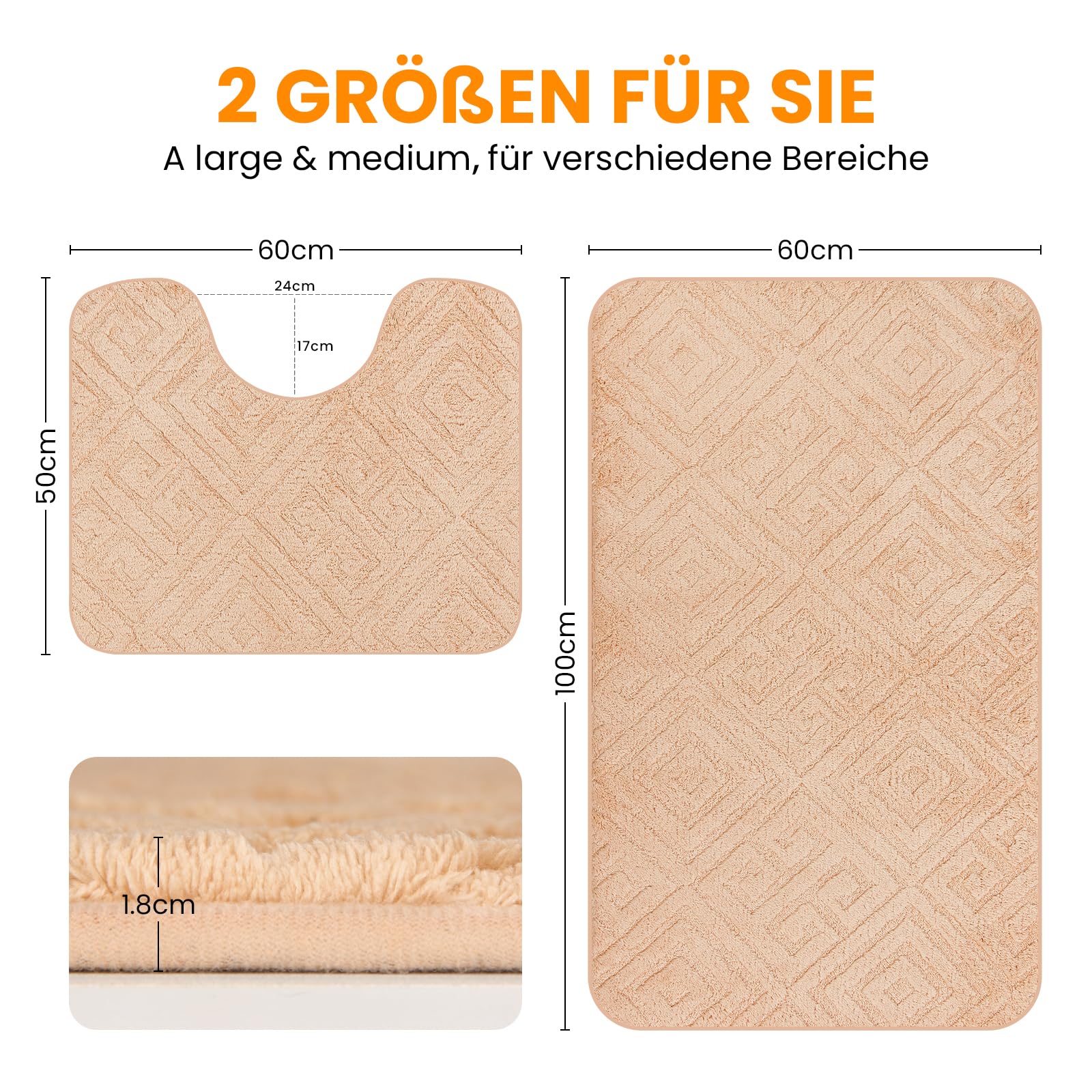 HOMELUX 2BF - Lot de 2 tapis de bain antidérapants - Doux et moelleux - 60 x 100 cm + tapis WC 60 x 50 cm - Avec découpe - Crème