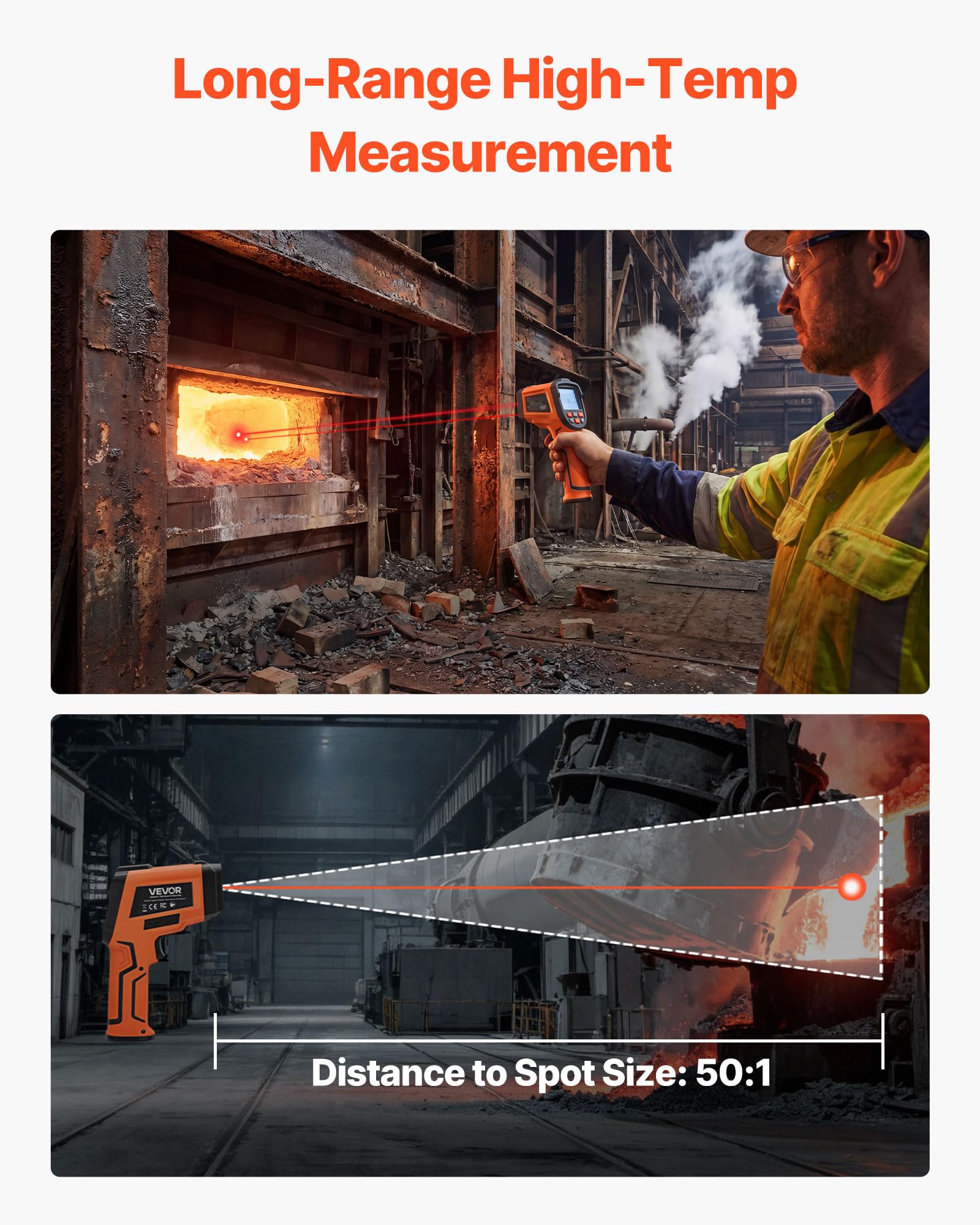 VEVOR Termometro a Infrarossi da -30°C a 1200 °C, Pistola Termica IR Senza Contatto con Doppio Modalità, Termometro Visivo Senza Contatto con Display, Termocoppia Tipo K, Doppio Laser, Uso Industriale