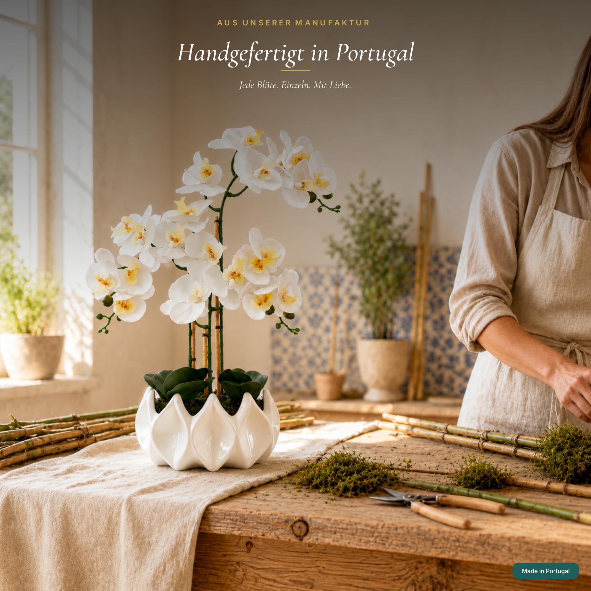 Künstliche Orchideen wie echt 70 cm – Handgefertigte Phalaenopsis Kunstorchidee im weißen Keramik-Topf mit echtem Bambus, pflegefrei ohne Gießen – Deko (Weiß)