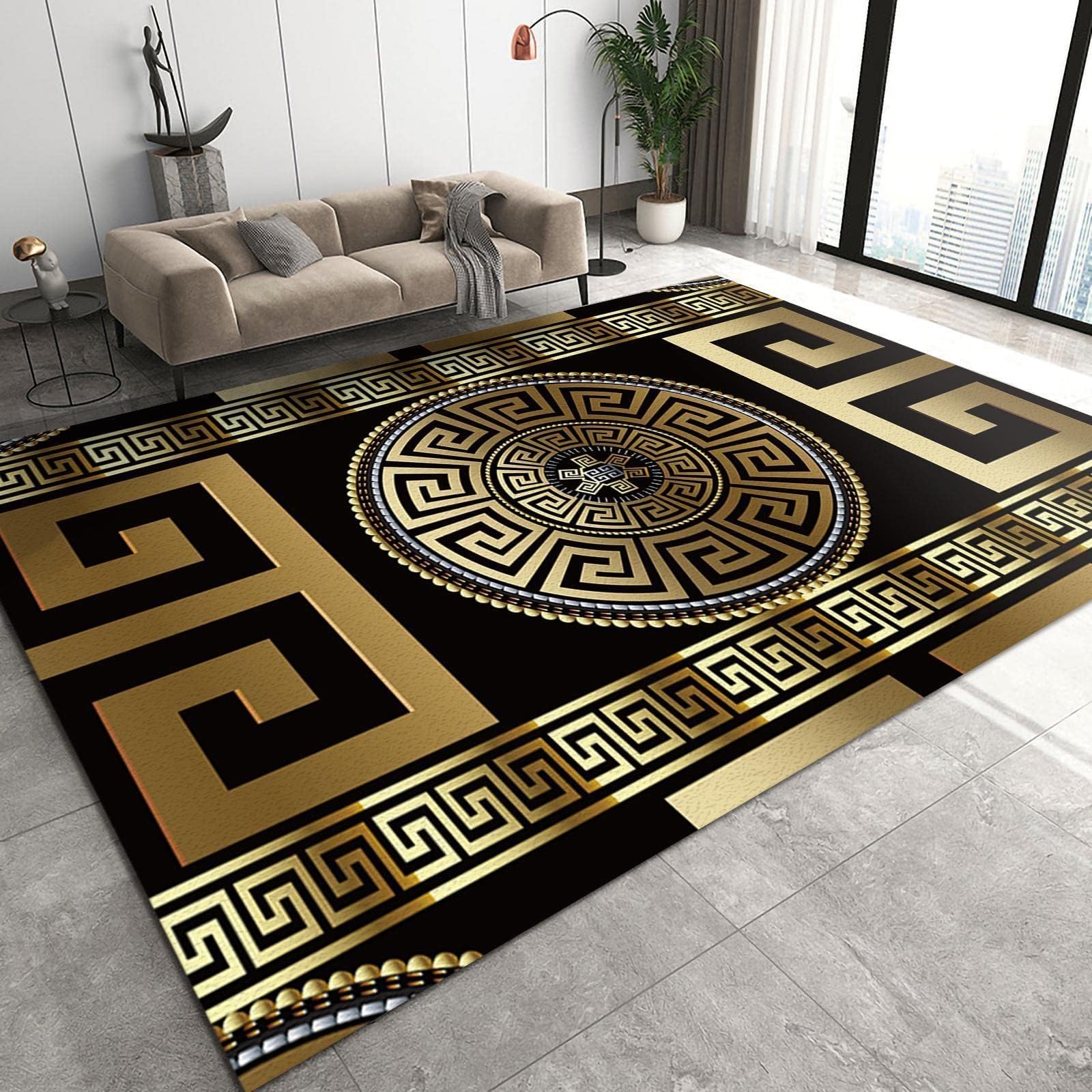 TIMOILU 3x5 Rug Retro Black Gold Greek Key Washable Rugs, 3D Geometric Meander Gold Print Bedroom Rugs with Non Slip Backing for Bedroom Hotel