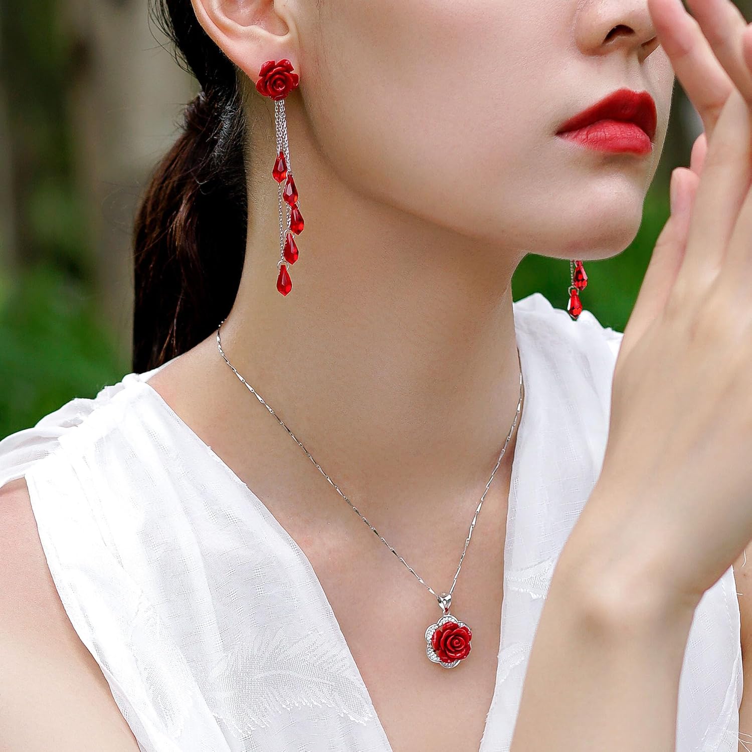 Red Rose Tassel Drop Earrings for Women, 925 Sterling Silver Long Dangle Earrings with Austrian Crystals, Boho Statement Floral Fringe Jewelry