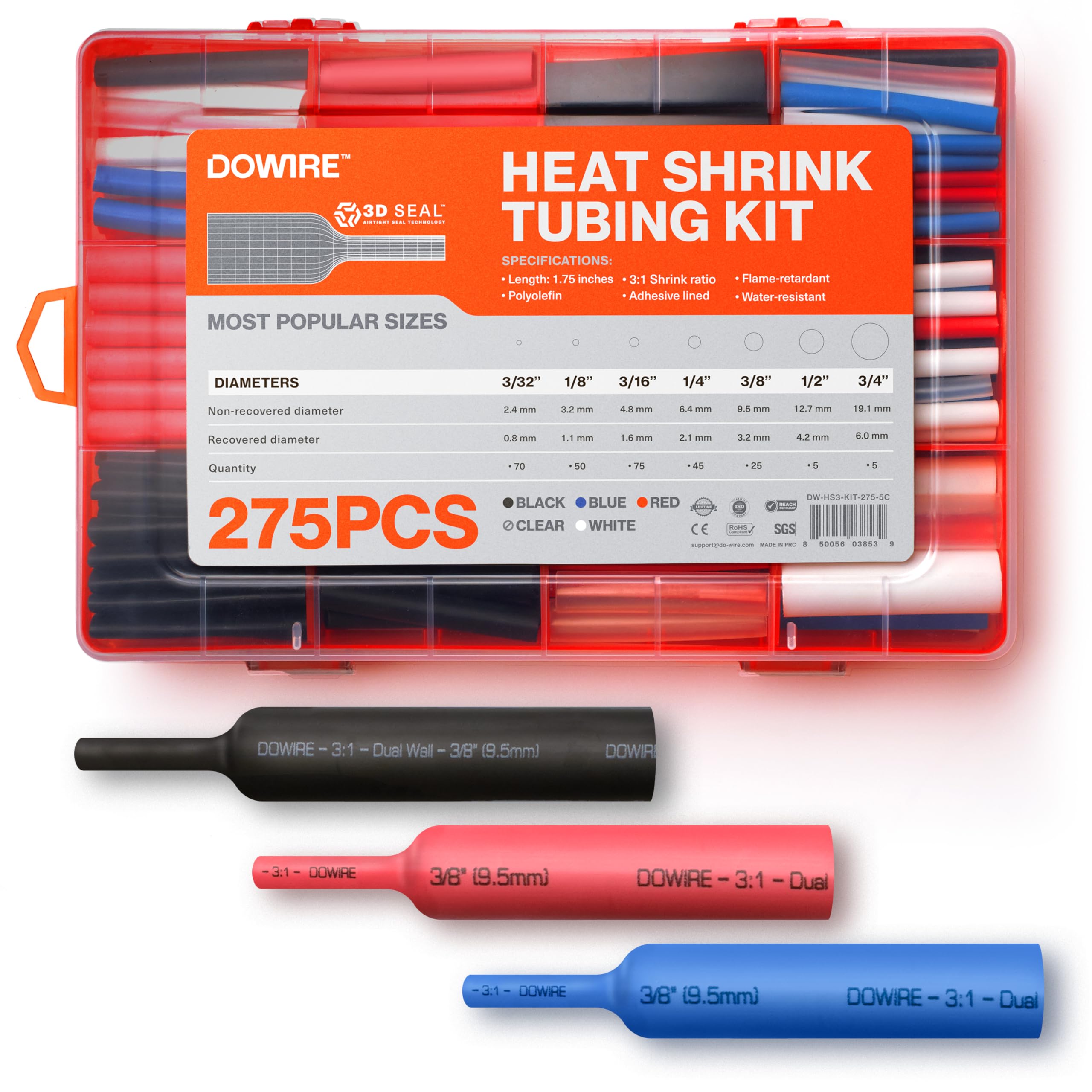Dowire Heat Shrink Tubing Kit - 3:1 Ratio - Adhesive Lined - Wire Shrink Wrap Tubing - Waterproof Marine Grade Shrink Tube - 275 PCS - Black, Red, Blue, White, Clear