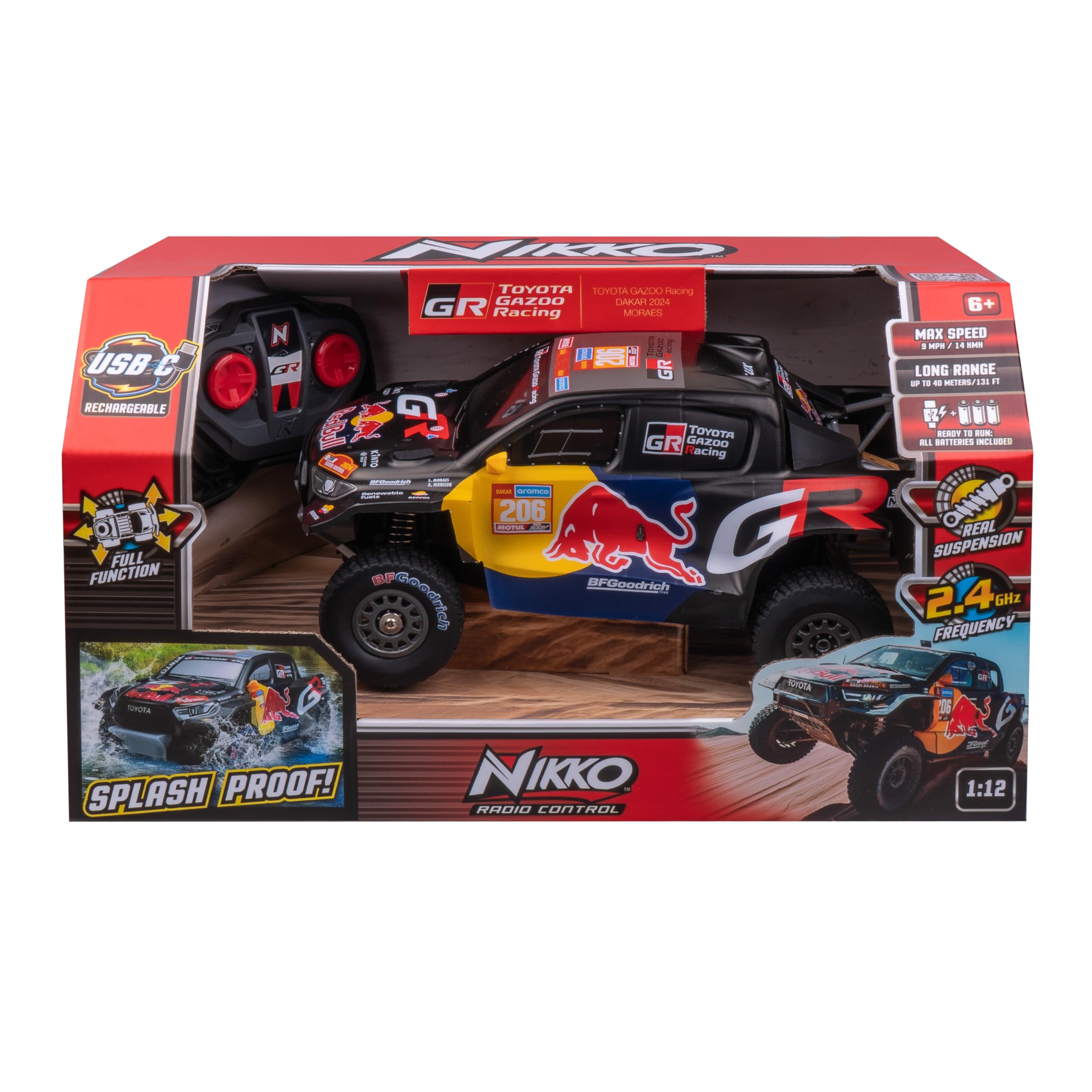 Nikko Pro Trucks Toyota Dakar Redbull 2024 – Voiture Télécommandée 1:12 – Tout-Terrain Étanche – 14 km/h – Recharge USB-C – Dès 6 Ans – Piles Incluses