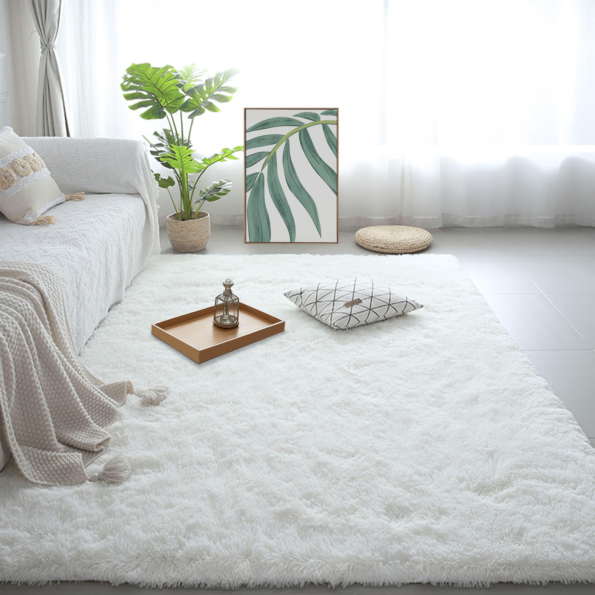 Grand tapis de salon 110 x 150 cm shaggy blanc lavable pour decoration chambre bebe moderne