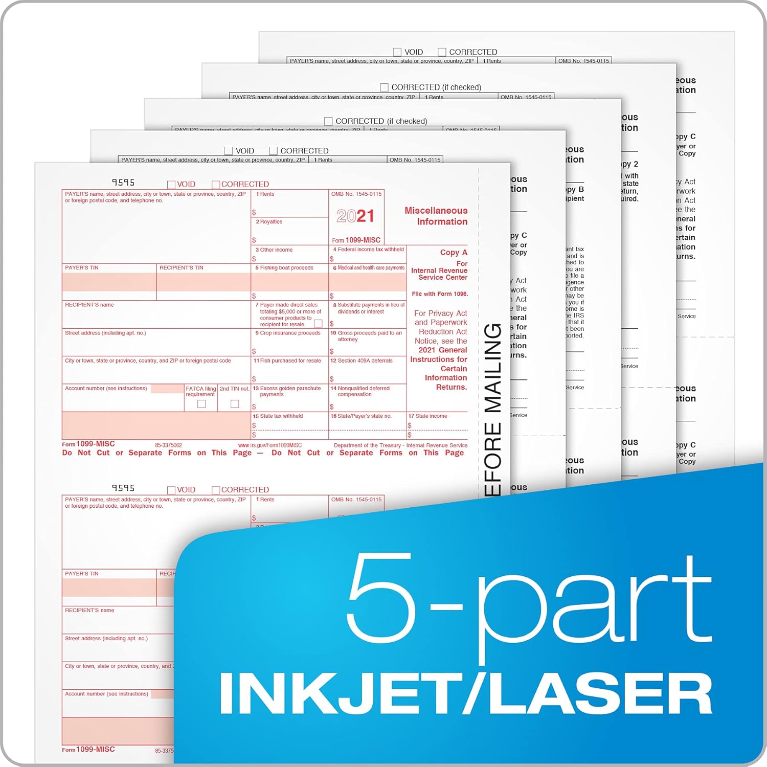 TOPS 1099 MISC 2 Up Forms 2021, 5 Part 1099 Forms, Laser/Inkjet Tax Form Sets for 50 Recipients, Includes 3 1096 Forms (TX22993-MISC21) : Office Products