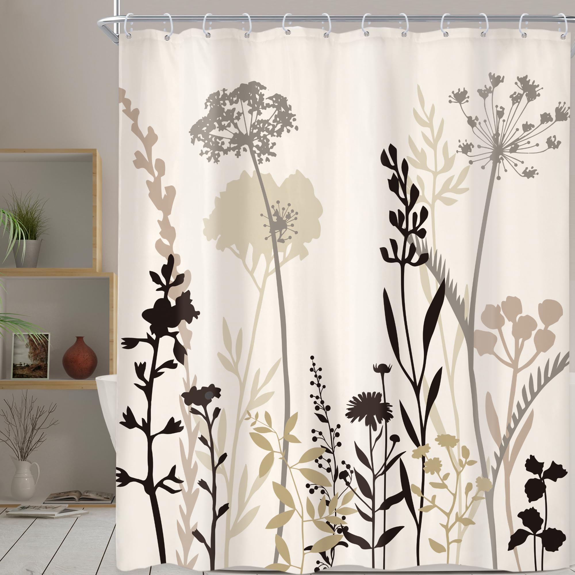 Rideau de Douche Beige, crème, Taupe, Marron, Silhouette Florale, Style bohème Rustique, Feuilles et Plantes Sauvages, Style Vintage, Salle de Bain, 300x200cm(LxH)