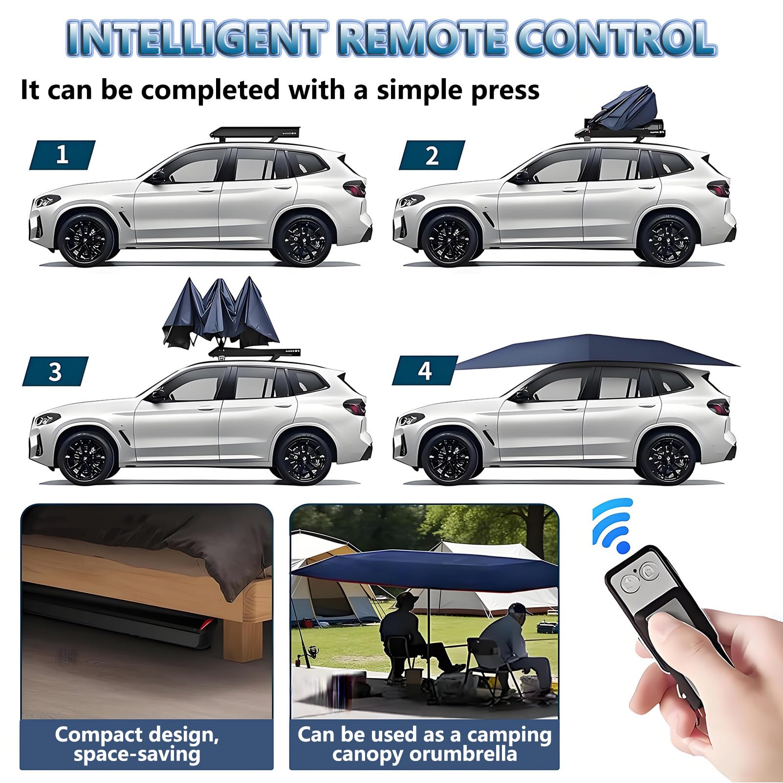 Tienda de Techo para Coche Totalmente Automática, Sombrilla Carpa para Coche Totalmente Desmontable, Batería 5000 Mah, Control Remoto, Plegable con Solo Toque y Protección UV Blue