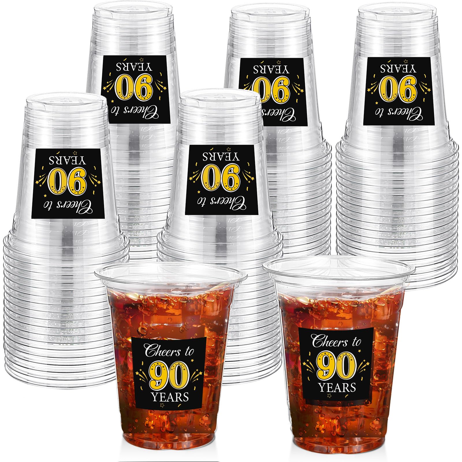 Funnymoom 60 Pack 90th Birthday Cup 12 oz Cheers to 90 Years Disposable Clear Plastic Cups for Men Women 90th Birthday Anniversary Wedding Party
