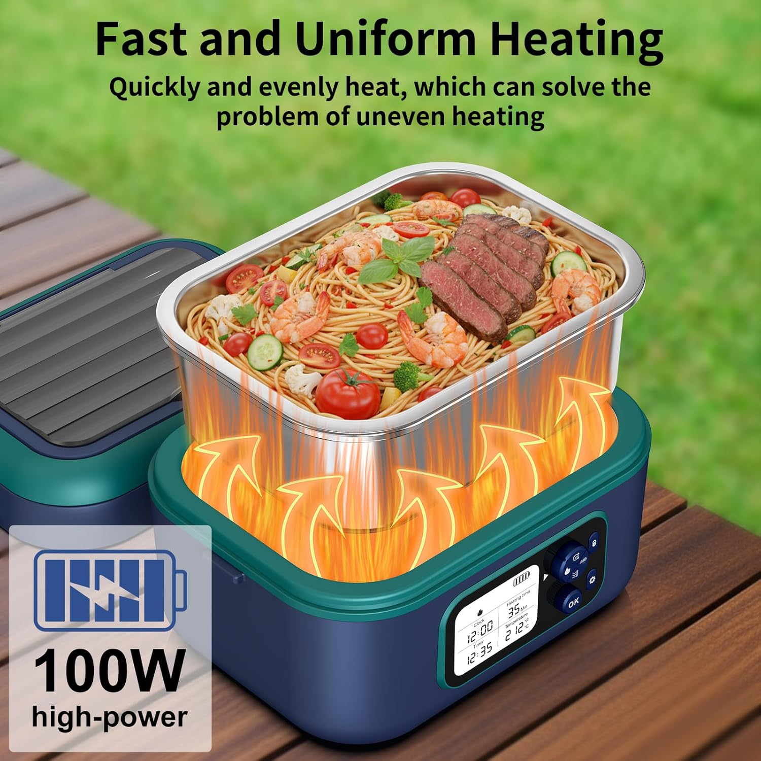 Cordless Electric Heated Lunch Box, 1.5L 6.3Cups 24000mAh Rechargeable Battery Self-Heating Lunch Box, Smart Timer, Even Heating, 100W Portable Food Warmer for Office, Picnic, Car, Outdoor - Image 5