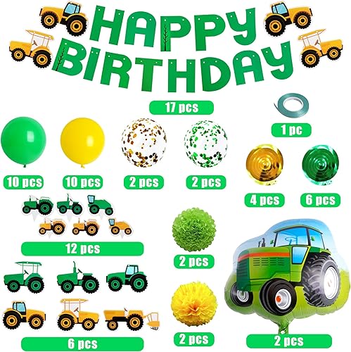 Miniatura 3 de 76 piezas de suministros de fiesta temática de tractor verde con guirnalda de globos de estandarte de tractor, remolinos colgantes y adornos para