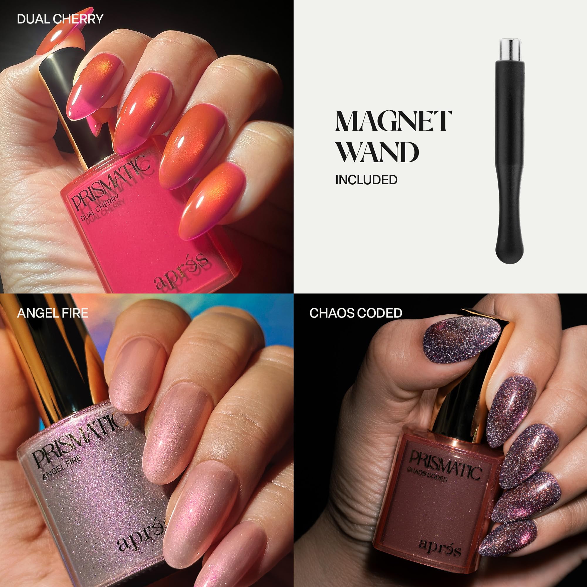 Aprés Prismatic Gel Color, set da 3 (Dual Cherry Trio) | Smalto gel bicolore cangiante, privo di HEMA e TPO, con effetto occhio di gatto, perlato e glitter flash