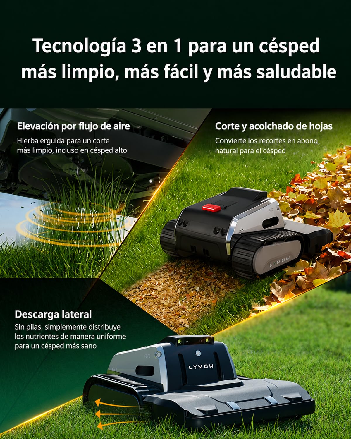 Lymow One Plus Robot Cortacesped sin Cable Perimetral, Evitación de Obstáculos con IA, Pendientes de 45°, Doble Cuchilla Rotativa SK5, Altura de Corte 30-100 mm, RTK+VSLAM, Gestión de 80 Zonas