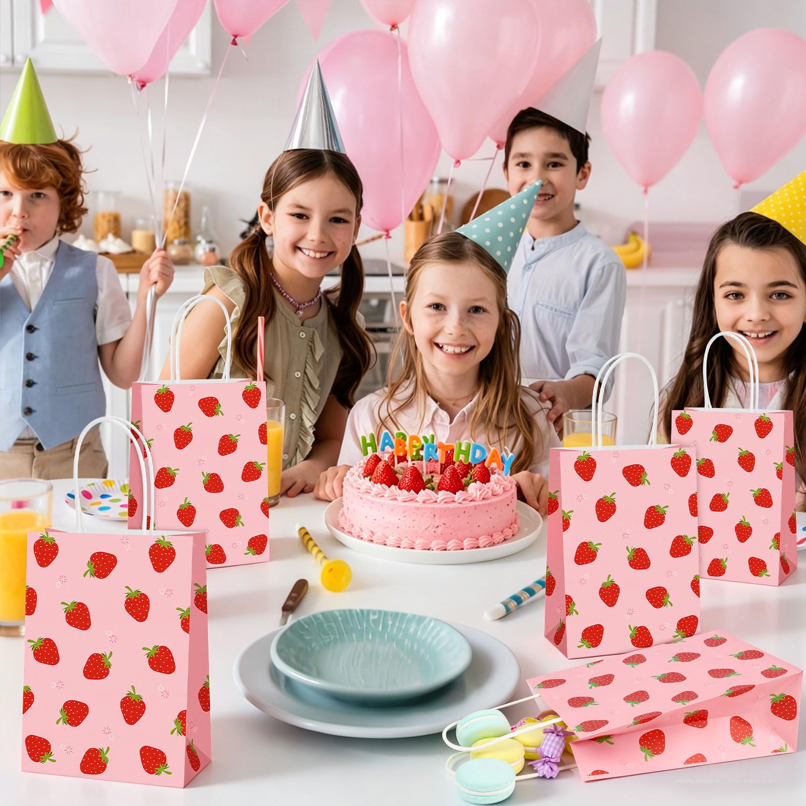 Hxezoc 12 Pieces Strawberry Gift Bags with Handle, Paper Treat Candy Bag Strawberry Party Favor Bags for Strawberry Theme Sweet Birthday Party Decoration Supplies
