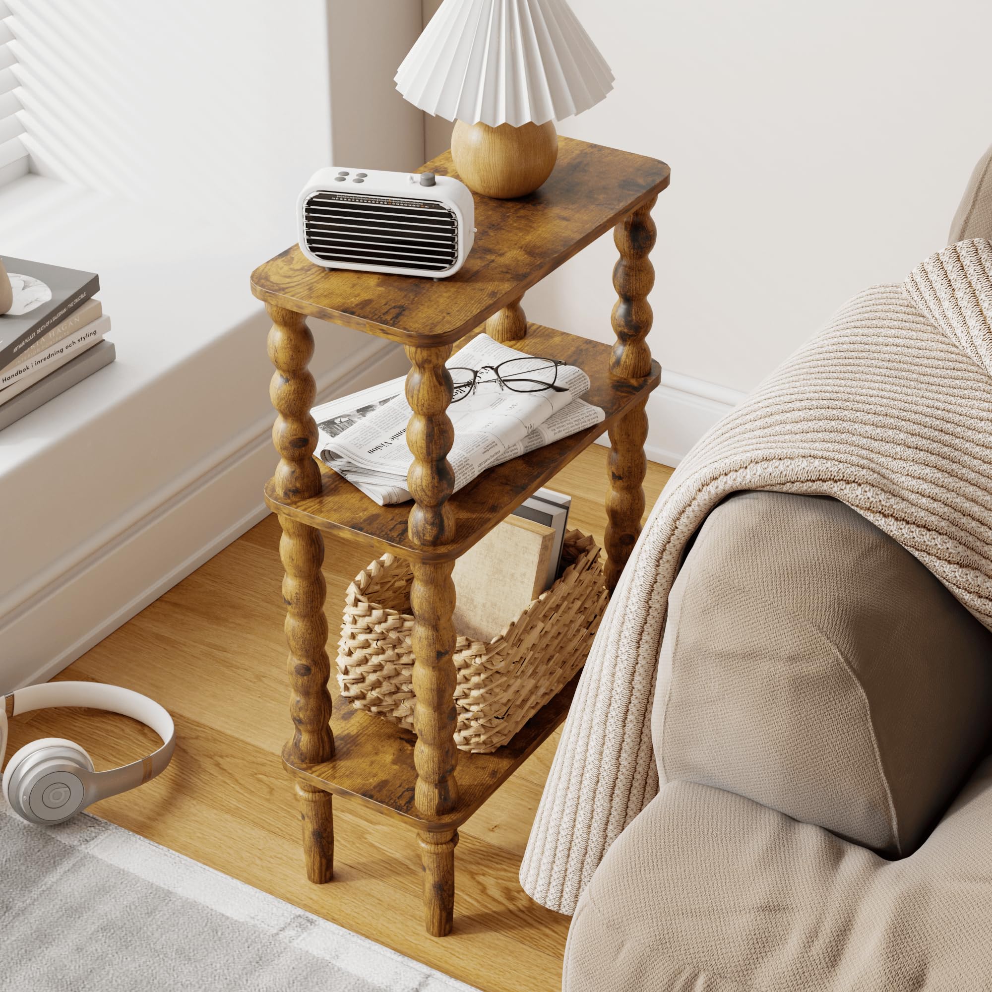 JERX 3-Tier Wooden Side Table, Narrow Nightstand with Open Wood Shelf, Bedside Table for Small Spaces, Bedroom, Living Room, Accent End Table with Solid Wood Legs Rustic Brown — image 1