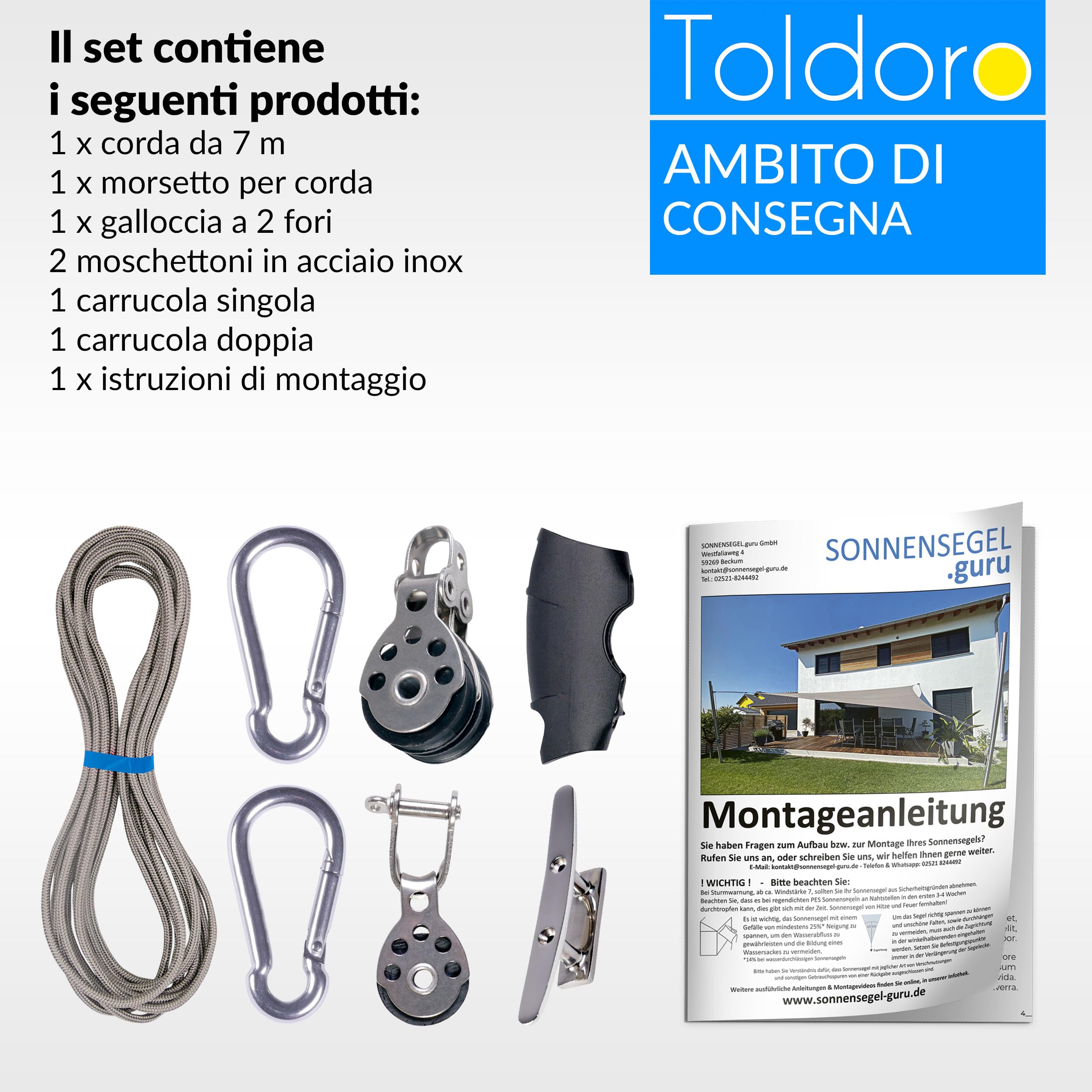 Toldoro® Paranco a 3 scomparti con 2 fori e corda/vela e tenda parasole, puleggia per il fissaggio e il fissaggio di tende da sole e vela/robusto sistema di fune