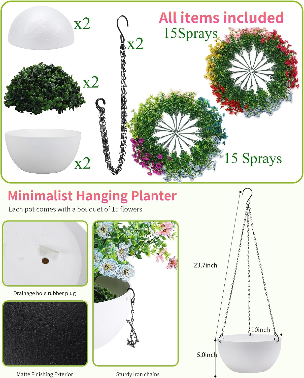 2 pack artificial hanging flowers basket set for outdoor decor,30 bundles uv resistant fake plants spring summer decoration faux silk eucalyptus garden patio yard front porch balcony arrangement 2 pack baskets/red,pink,yellow,blue,rose/30 bundles flowers