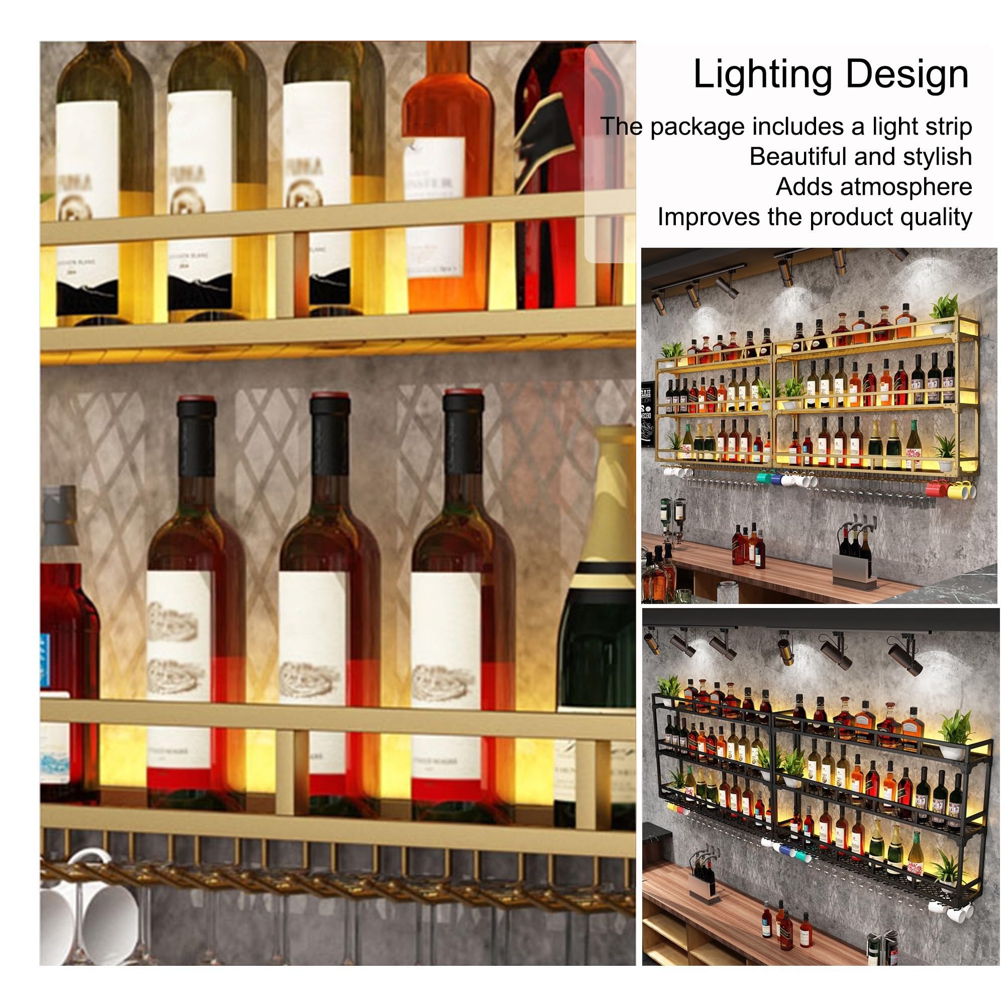 Portabottiglie da parete con luce a LED, 80 cm / 31.49in, nero, mensola per vino, elegante mobile da cucina, mini bar, per sala da pranzo e bar di casa