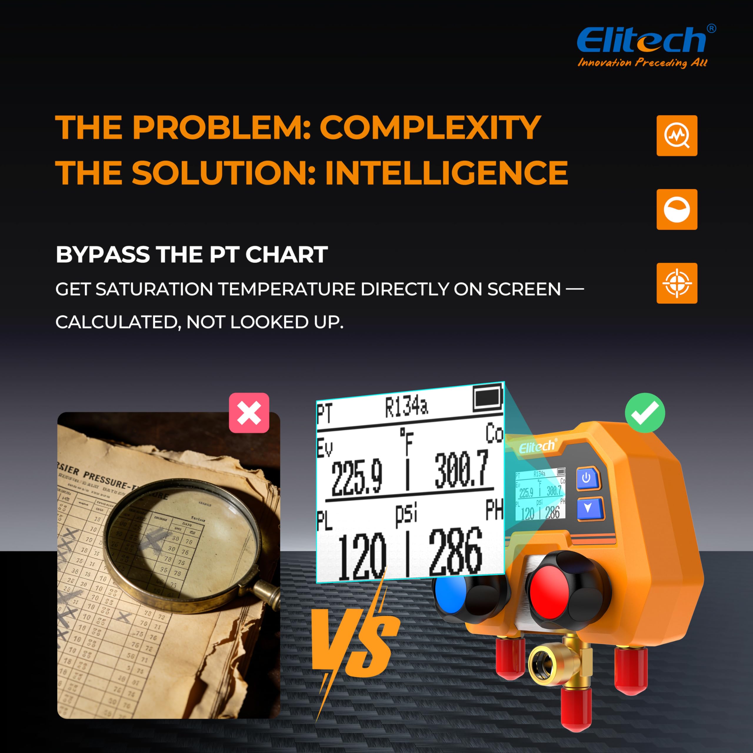 Elitech Digitales Manifold-Messgerät für 88 Kältemittel | Druckmessung von -14,7 bis 600 psi mit Sättigungstemperatur-Anzeige | ±1% Genauigkeit, LCD-Display, Auto-Off & IP54 für Kfz und Industriekälte