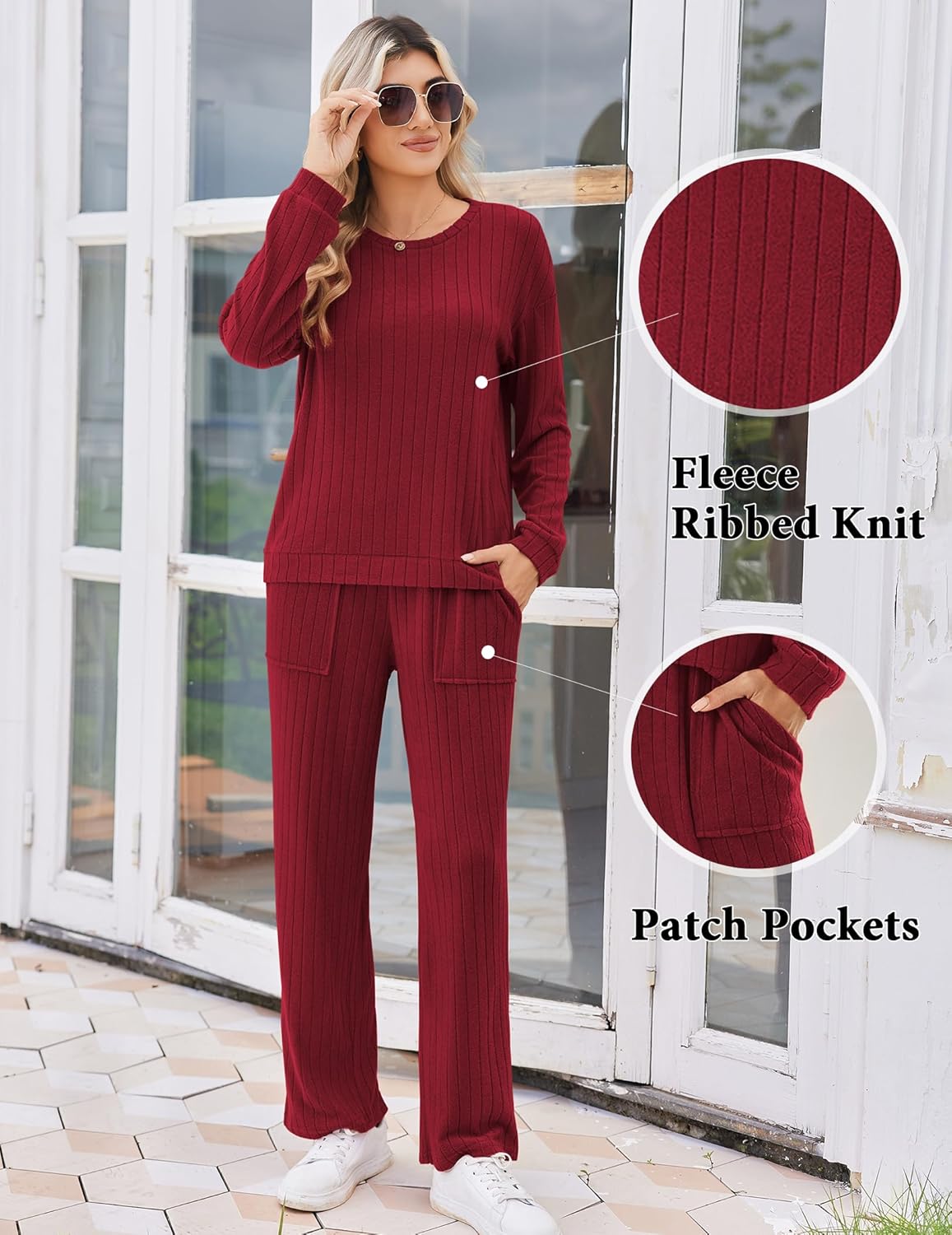 Ekouaer Lounge Sets for Women Ribbed Knit Pajama Sets 2 Piece Long Sleeve Pjs Soft Loungewear Outfits with Pockets - Image 4