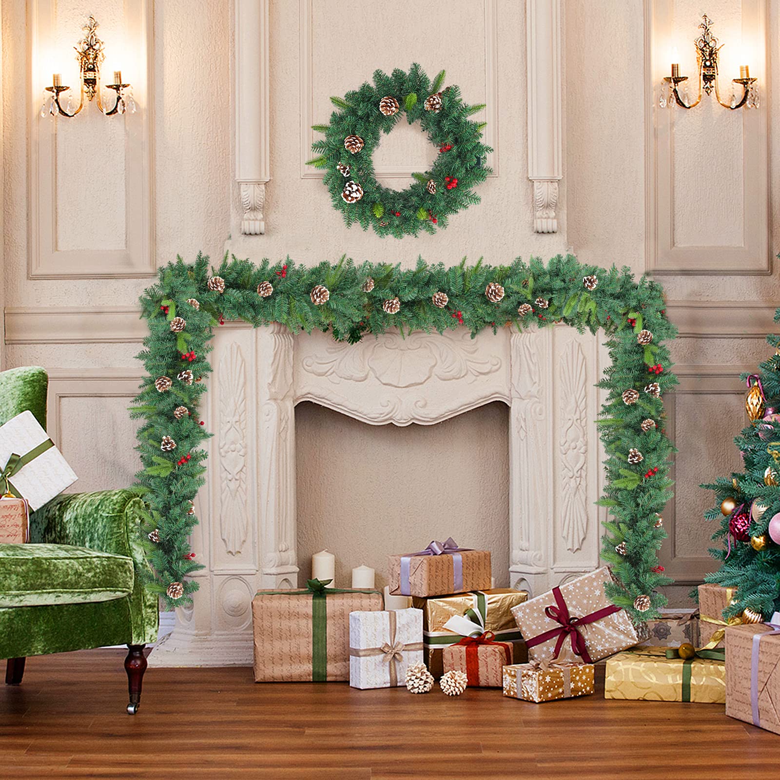 HENGMEI Weihnachtsgirlande 5m Tannengirlande mit Beleuchtung Weihnachtsdeko Girlande Türkranz Künstliche Weihnachtskranz für Innen & Außen(Typ B, Grün)
