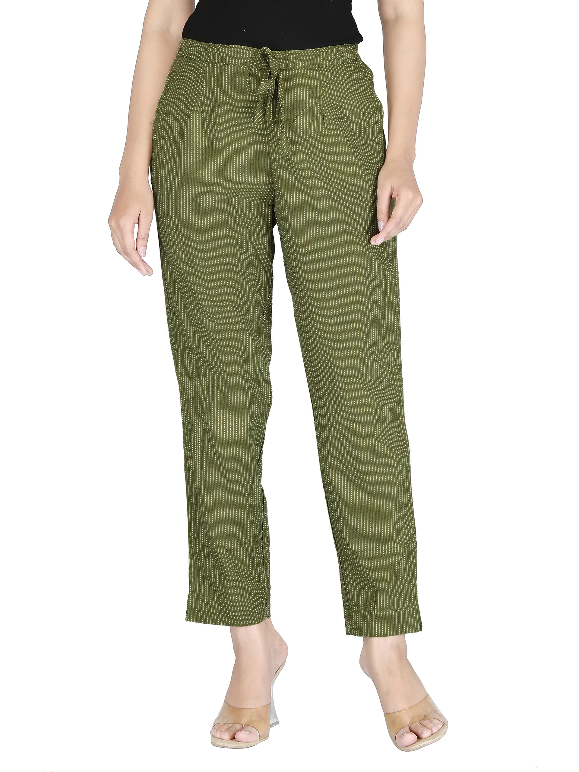 Women Olive Green Color Pure Cotton Kantha Dobby Dyed Pyjama Super Soft Comfortable Regular Filt Trousers Pants for Girls & Womens-image-34