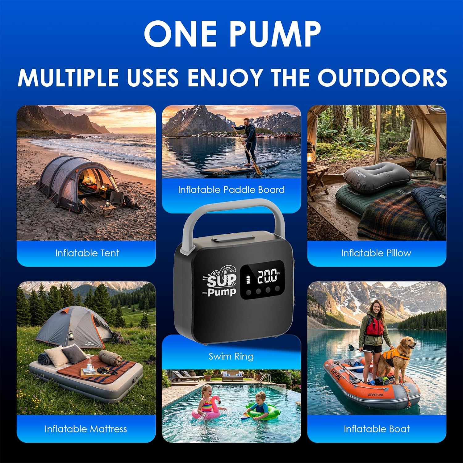 Paddle Board Electric Pump, Inflates 7 Boards on 18000mAh Battery, 20PSI Max Auto-Off, 5V/2A USB Port for Phone, Fast Inflation & Deflation for SUP Boat Pool Float thumbnail