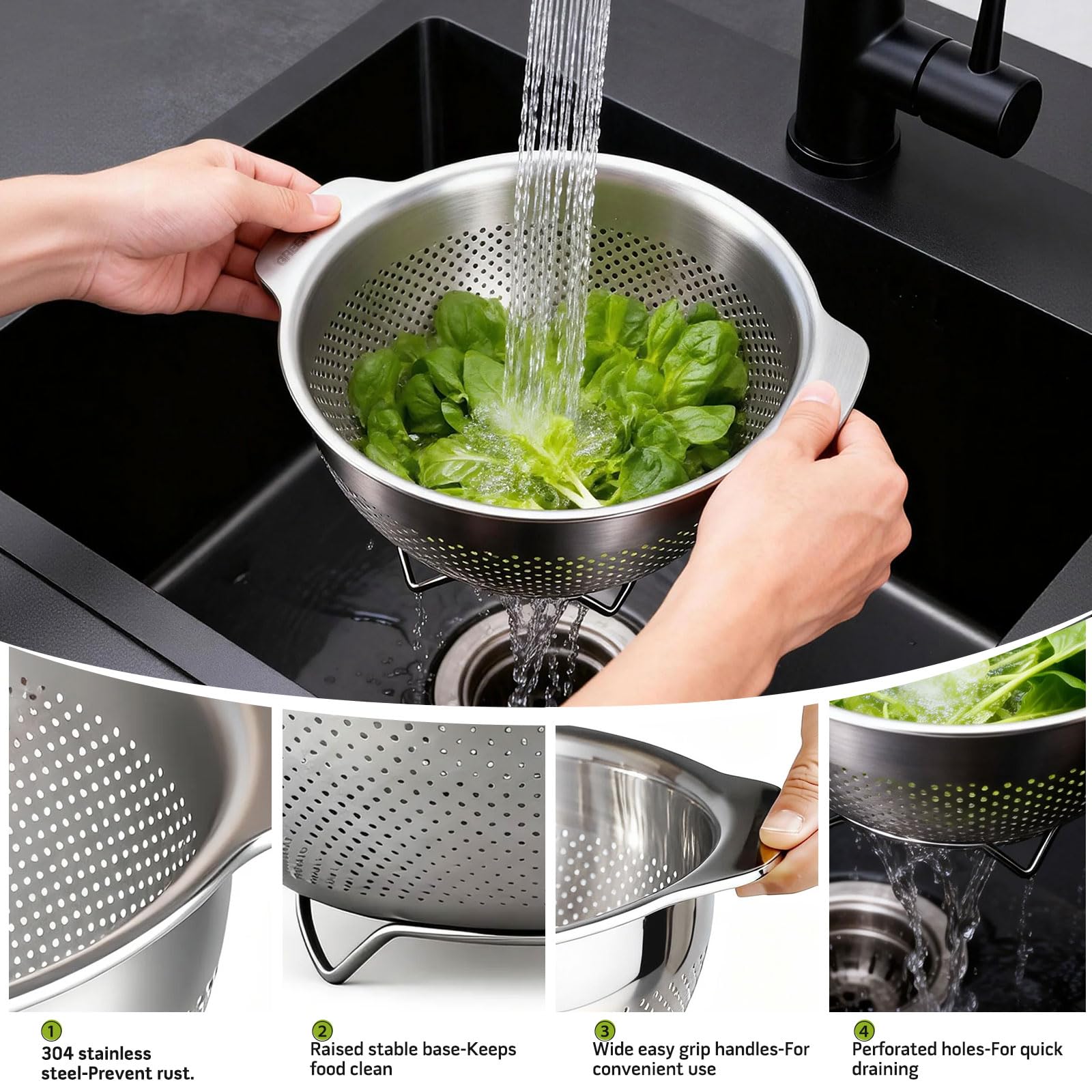 Passoire de cuisine en acier inoxydable 2 poignées grande passoire micro-perforée pour pâtes légumes