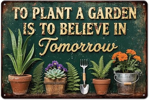GLOBLELAND Funny Garden Metal Tin Sign 12x8inch Vintage Potted Plants Tin Signage Decor Signs Retro Wall Metal Plaque for Office Home Garage Room