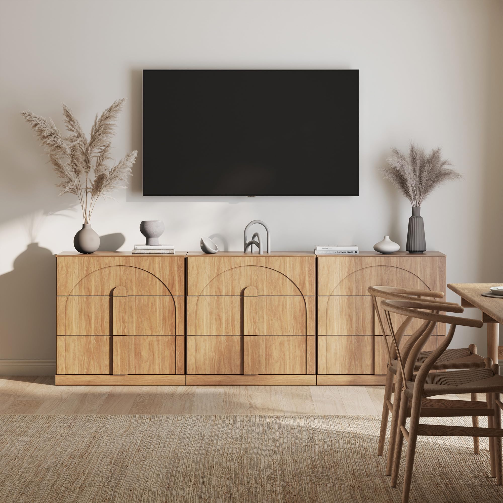 BELLEZE 65 Inch Fluted Buffet Cabinet with Storage, Symmetrical Arc Accent Sideboard Large Console Table for Dining Room, Kitchen, and Living Room (Camel) — view 22