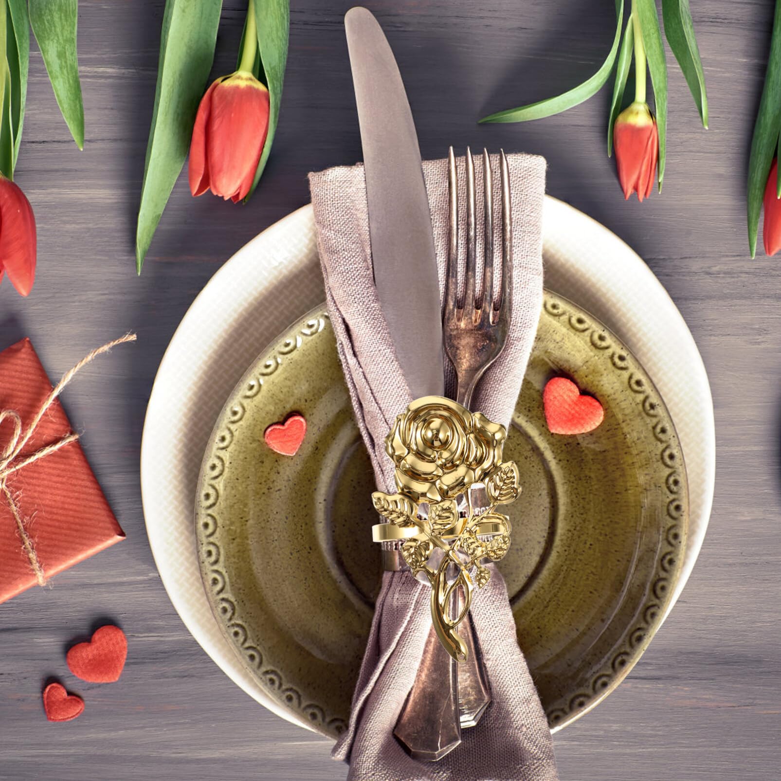 Alipis 6pcs Valentines Day Rose Napkin Rings Artificial Rose Napkin Rings Gold Metal Napkin Holder Serviette Buckle for Wedding Party Holiday Banquet Anniversary Decor