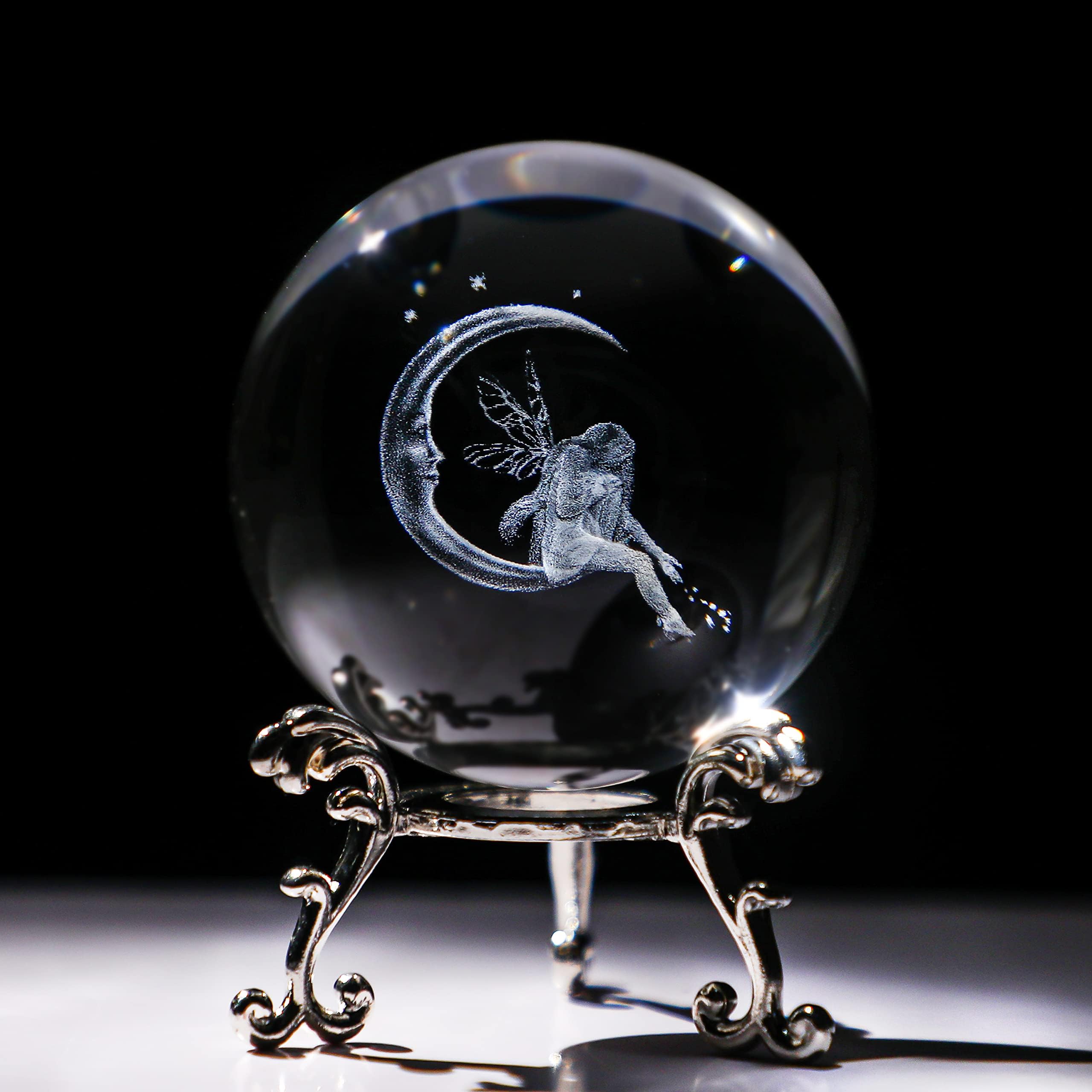 vskikris 60mm Crystal Ball 3D Laser Moon Fairy Figure, Glass Paperweight & Decorative Ball with Stand