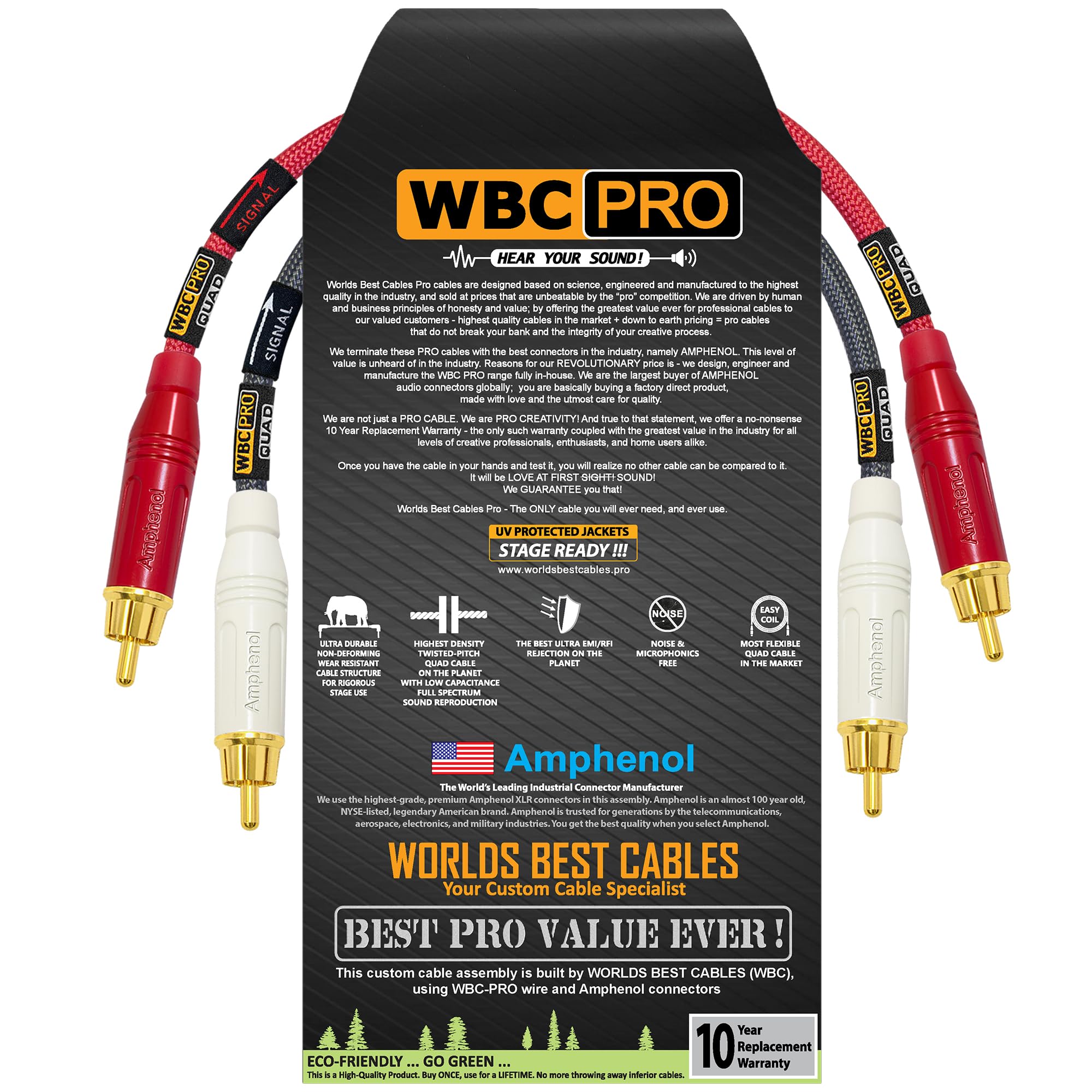 Coppia di cavi RCA WBC-PRO-Quad ultra-silenziosi, ultra flessibili, Star-Quad Audiophile e Pro-Grade Audiophile con connettori RCA Amphenol ACPR Gold – grigio e rosso – direzionale