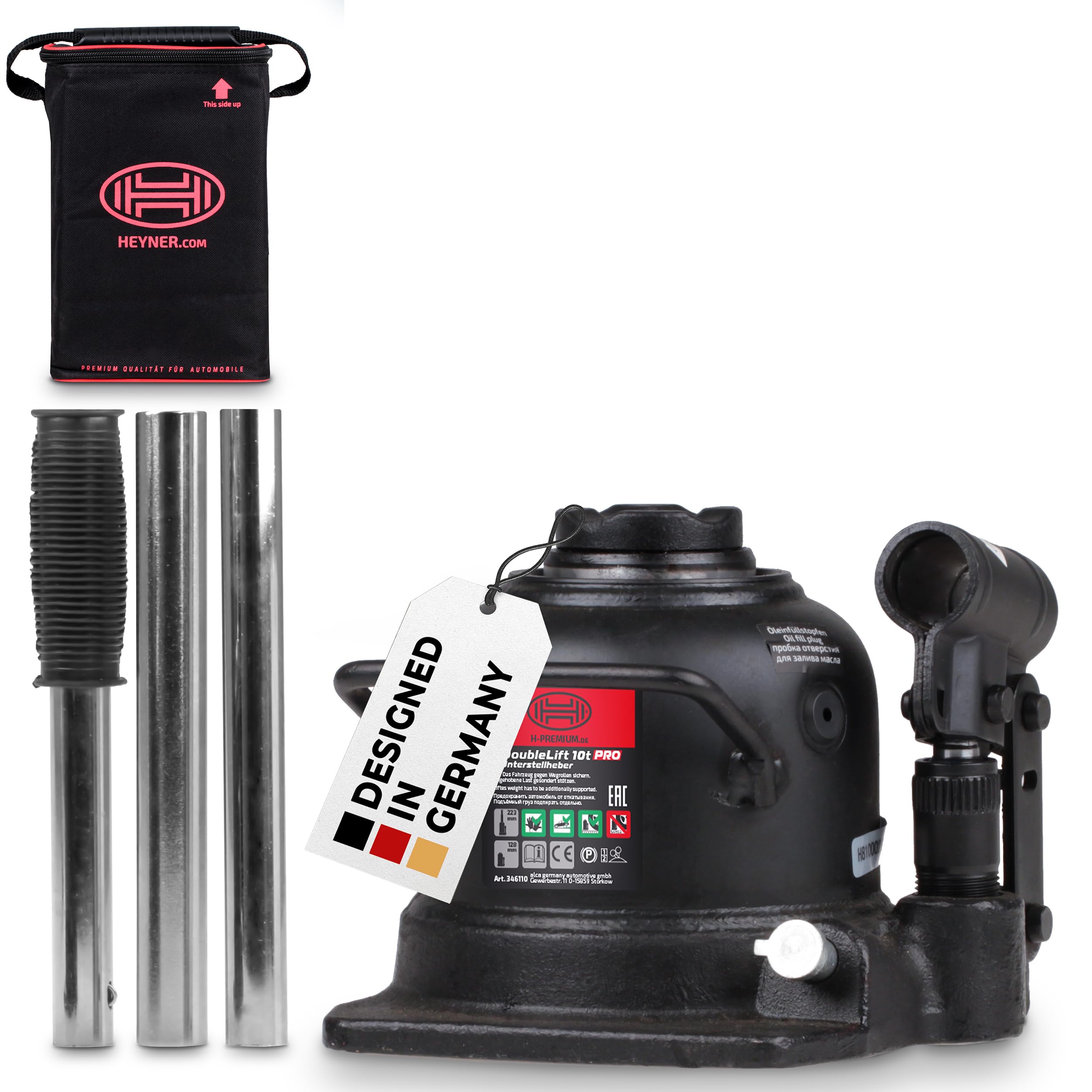 HEYNER® Wagenheber Doppelhub-Unterstellheber Flaschenwagenheber hydraulischer Stempelwagenheber 10t extra flach für SUV/PKW