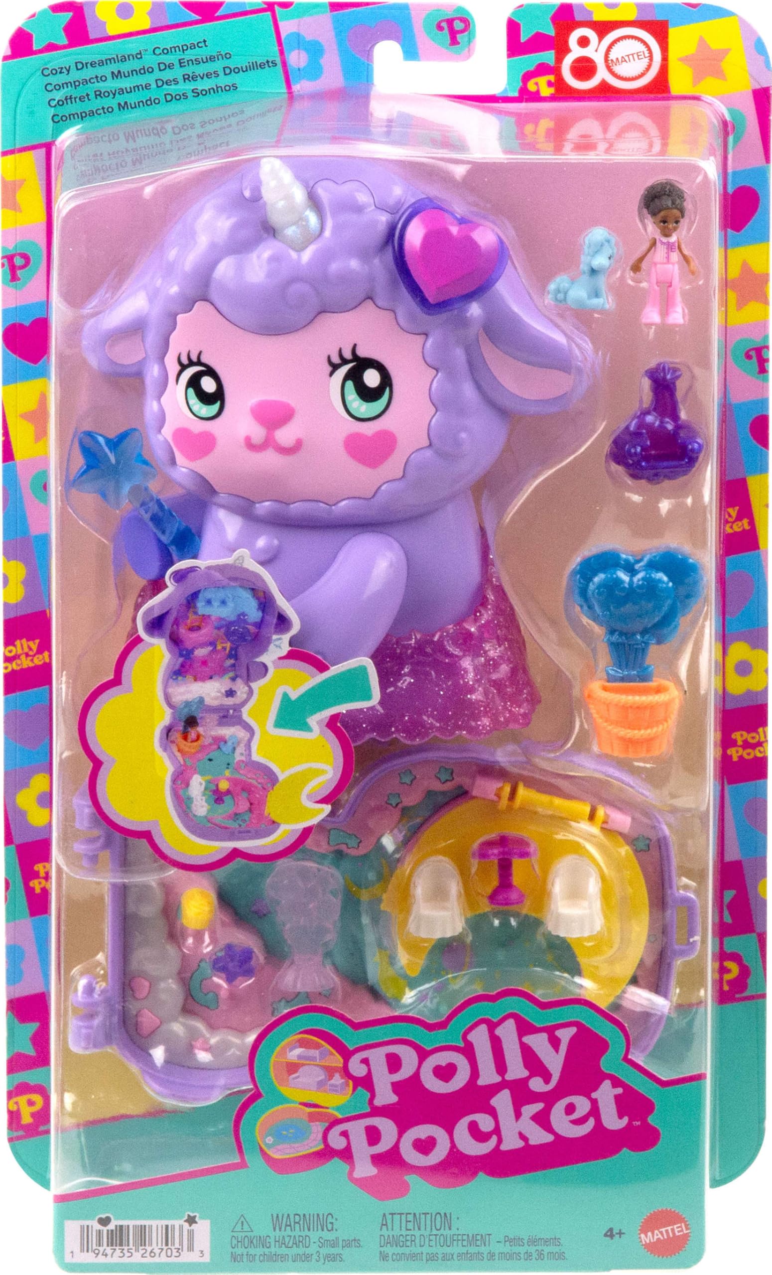 Polly Pocket bebekler ve oyun seti, kuzucuk şeklinde taşınabilir Rüyalar Diyarı mini oyun seti, 1 mikro bebek, tek boynuzlu at figürü, yiyecek ve moda tasarımı aksesuarları, JCB15
