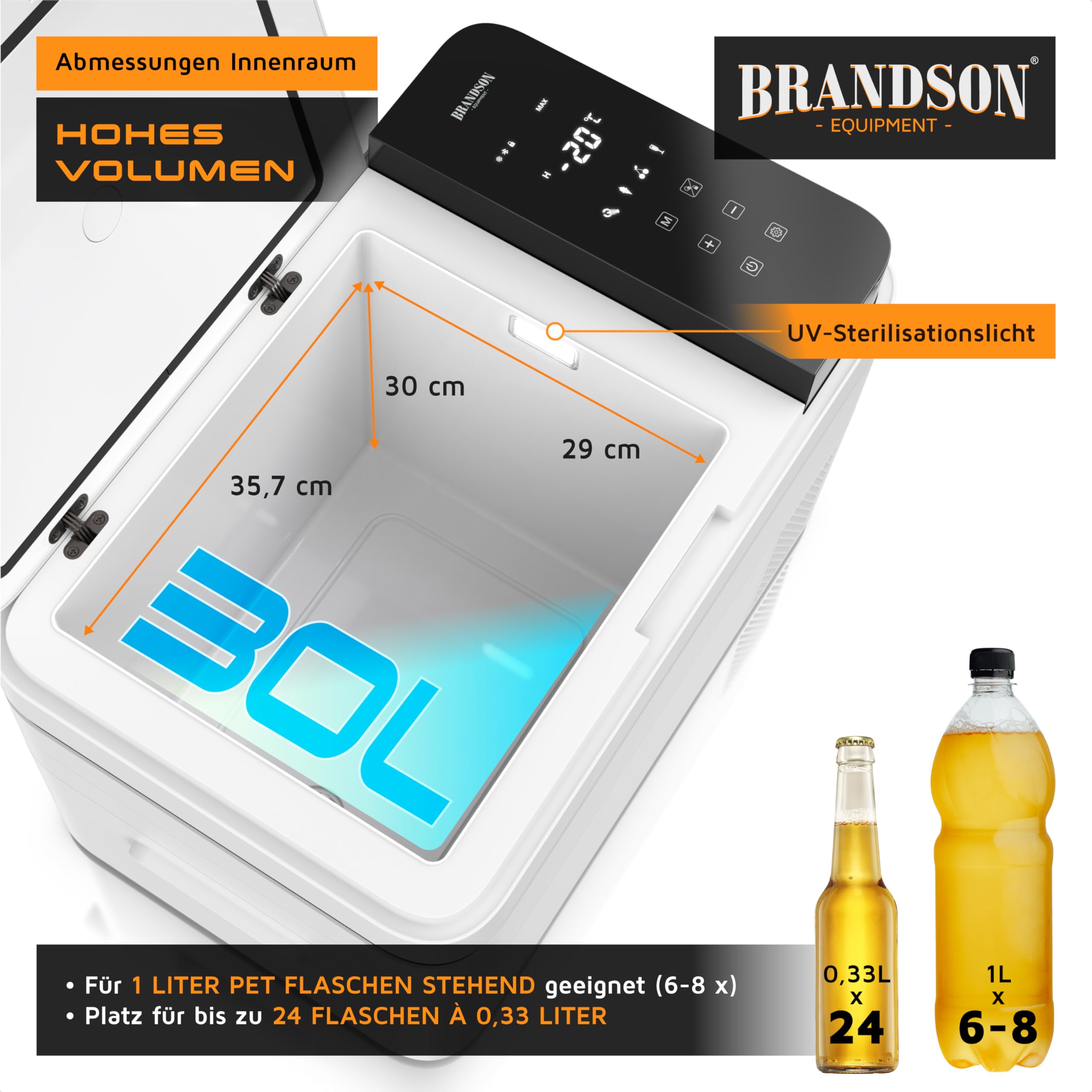 Brandson - Kühlbox elektrisch mit Kompressor – 30 Liter – App Steuerung Bluetooth Tuya Smart – Autokühlbox - 230 V und 12/24 V Gefrierbox Gefriertuhe bis -20°C – ECO Modus – Auto Camper LKW