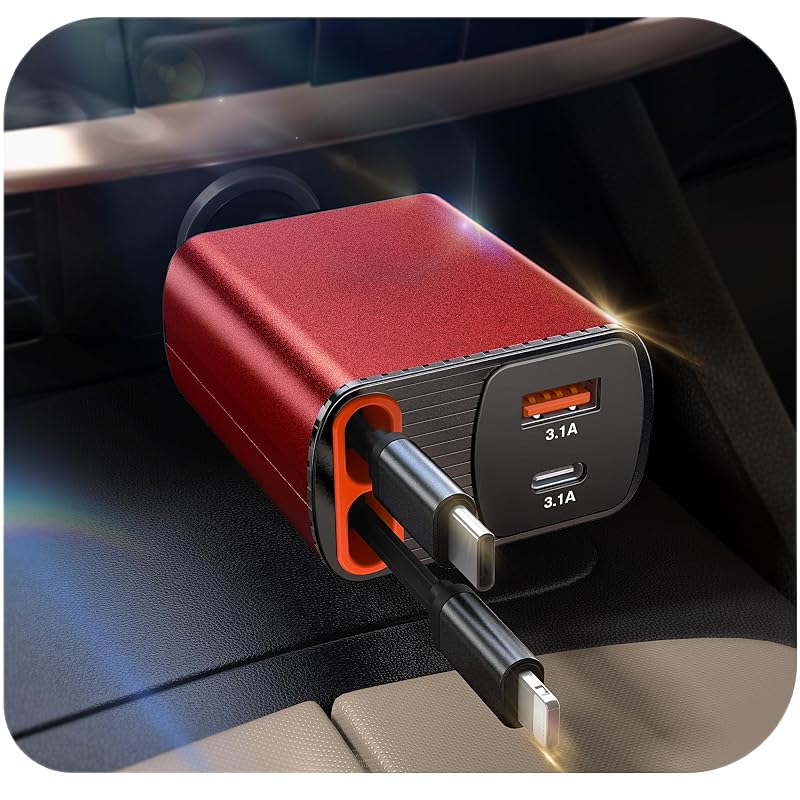 Carregador veicular retrátil CSODINCE 4 em 1 com USB-C e USB-A, 85 W, vermelho
