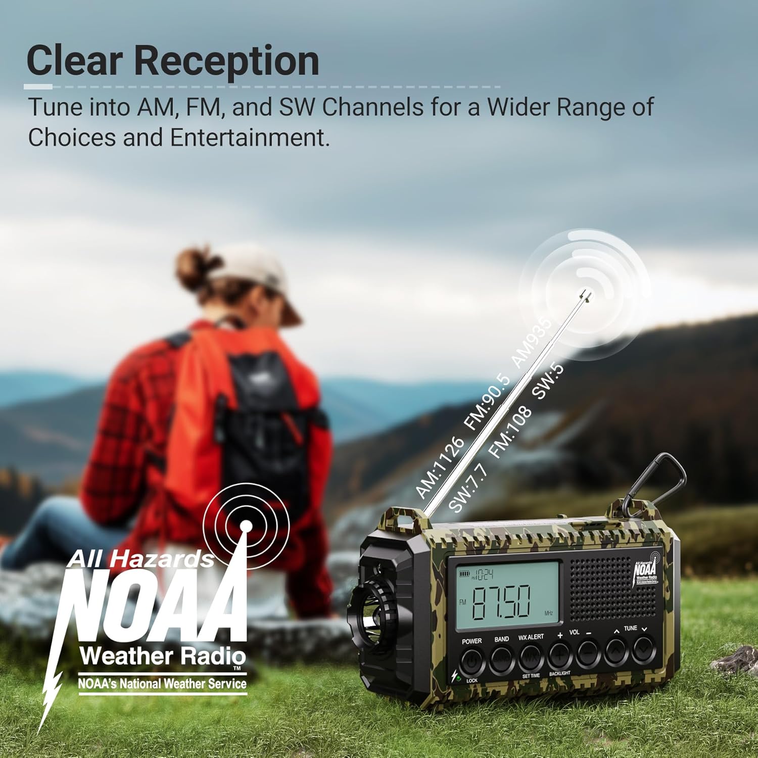 Mesqool Emergency Radio charging a smartphone via USB-C cable.