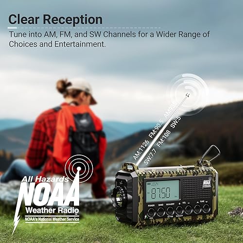 Miniatura 2 de Radio de emergencia 12000, radio meteorológica digital automática portátil AM FM SW NOAA, radio solar recargable con manivela con linterna, cargador
