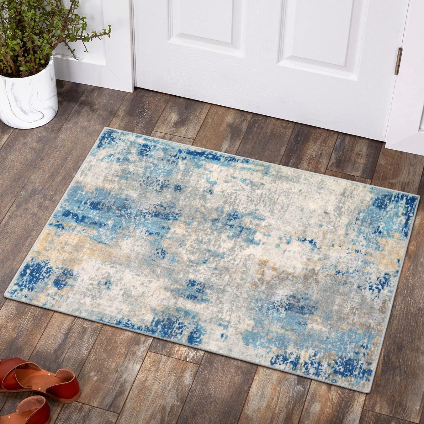 Lahome Modern Abstract Kitchen Rug - 2x3 Washable Small Front Doormat Soft Throw Rugs for Entryway Non-Slip, Contemporary Faux Wool Floor Indoor Carpet for Bathroom, Blue/Yellow/Ivory