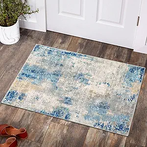 Lahome Modern Abstract Kitchen Rug - 2x3 Washable Small Front Doormat Soft Throw Rugs for Entryway Non-Slip, Contemporary Faux Wool Floor Indoor Carpet for Bathroom, Blue/Yellow/Ivory