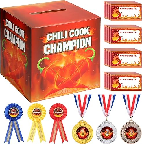Cholemy Juego de 67 urnas de Chili Cook off Contest con 60 tarjetas de votación y 1 urna, 3 cintas de premio de trofeos, 3 medallas de trofeos para