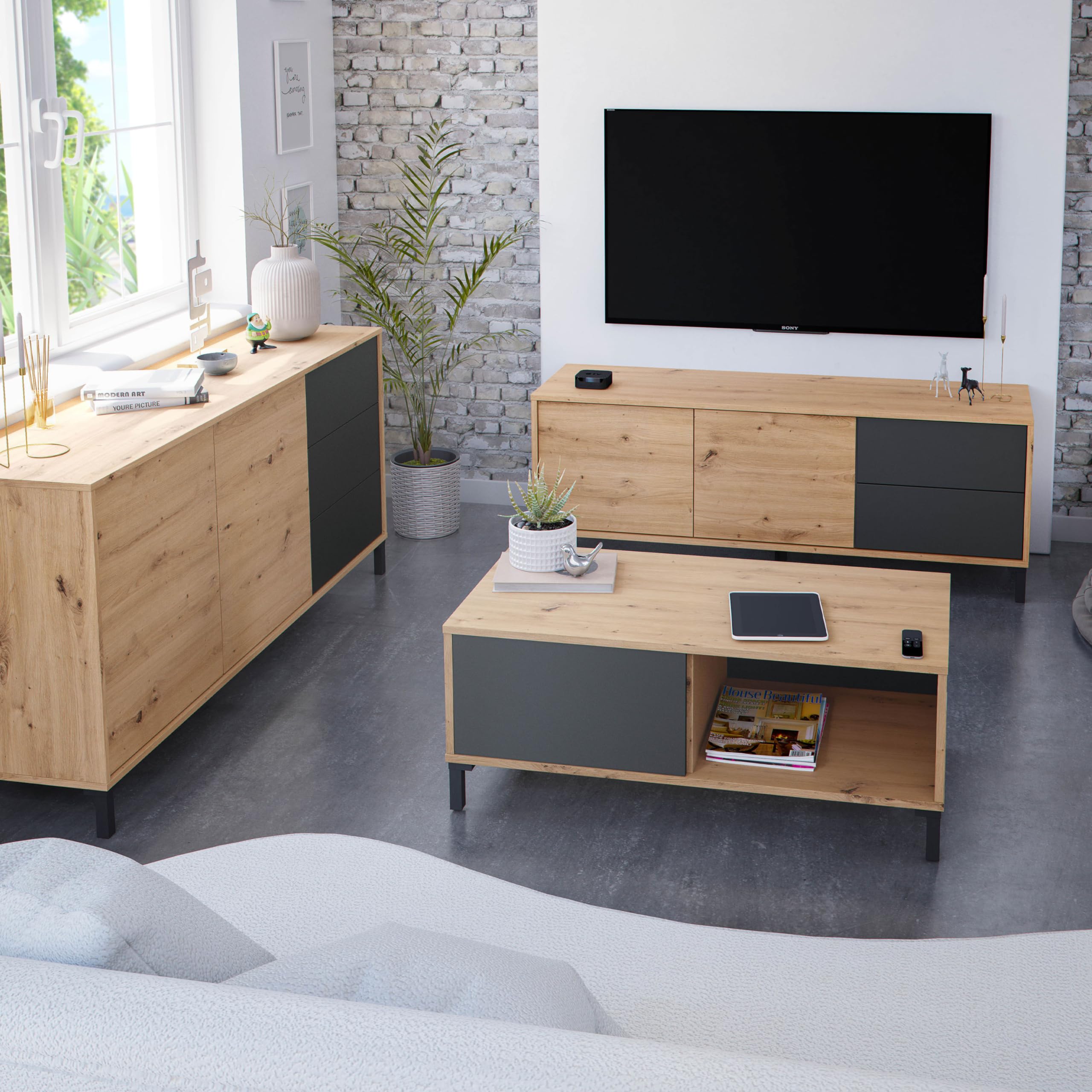 Habitdesign Mesa de Centro con 2 Huecos, Mesa Auxiliar, Modelo Brooklyn, Acabado en Roble Nodi y Gris Antracita, Medidas: 100 cm (Largo) x 50 cm (Ancho) x 40 cm (Alto), Pequeña, 0Z1641W
