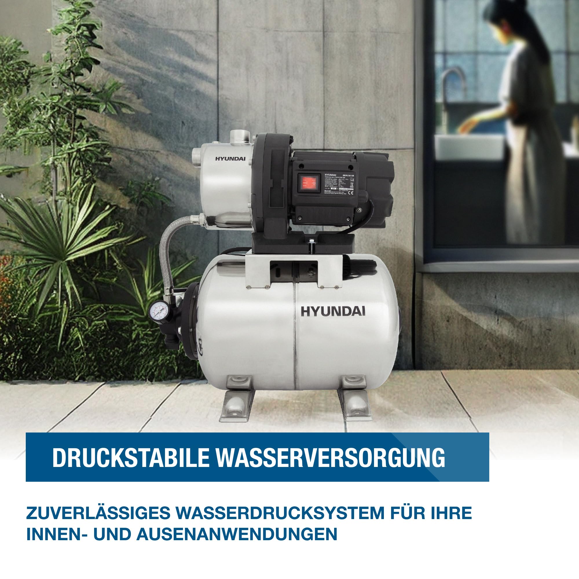 HYUNDAI Hauswasserwerk HWW12050-IN | 1200 W, 19 L INOX-Kessel | Fördermenge 5.000 l/h, Förderhöhe: max. 50 m | autom. Druckschalter, Edelstahl-Pumpengehäuse