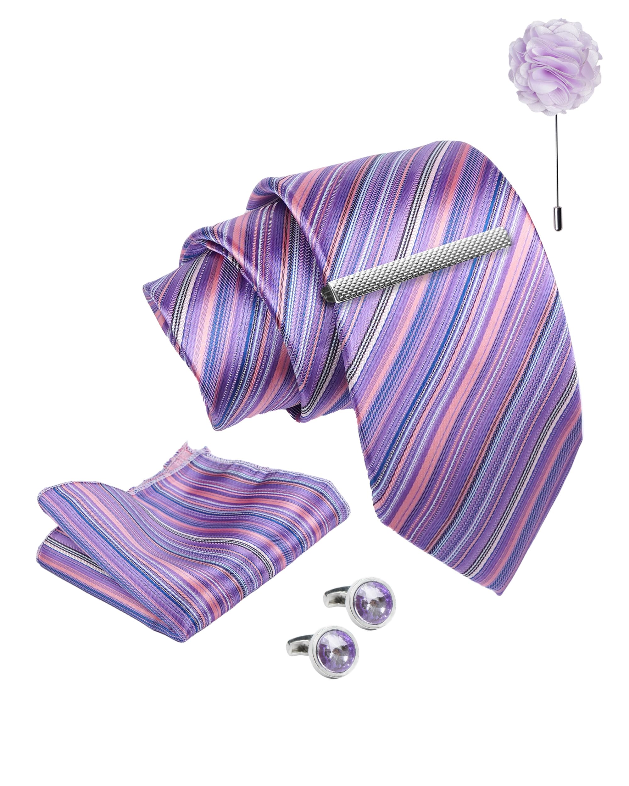 axlon Tie for Men – Checkered Silk Neck Ties Set with Cufflinks Flower Pin, Pocket Square & Black Gift Box, Combo Necktie Sets for Office Wear, Formal Suits & Weddings (Soft Lavender, NXPLX_62)-picture-21